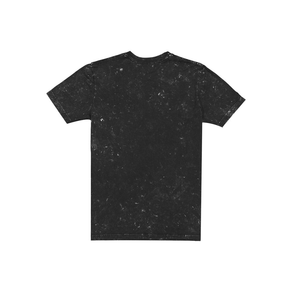 A black short-sleeve t-shirt with a white mineral-wash or acid-wash distressed pattern, shown flat against a solid white background.