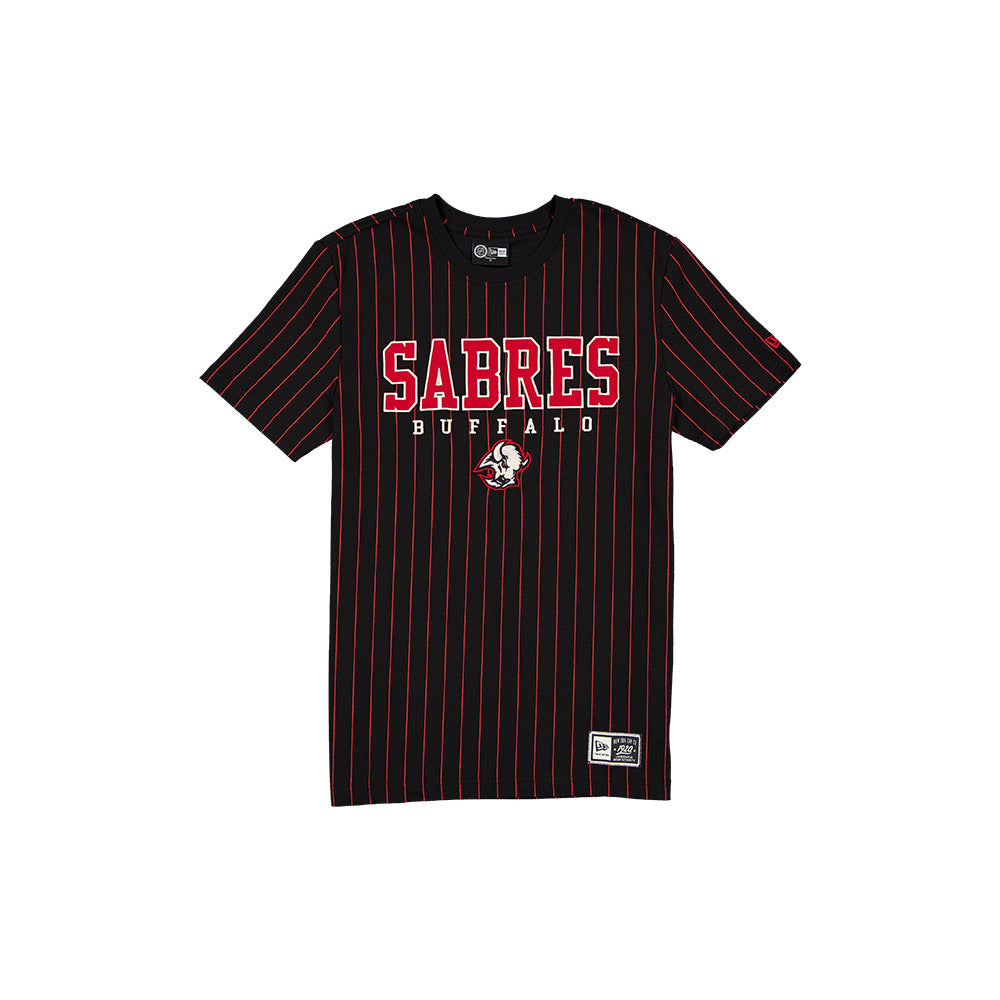 A black short-sleeve t-shirt with thin red vertical pinstripes, featuring 'SABRES BUFFALO' printed in red and white across the chest and a team logo below it, displayed on a solid white background.