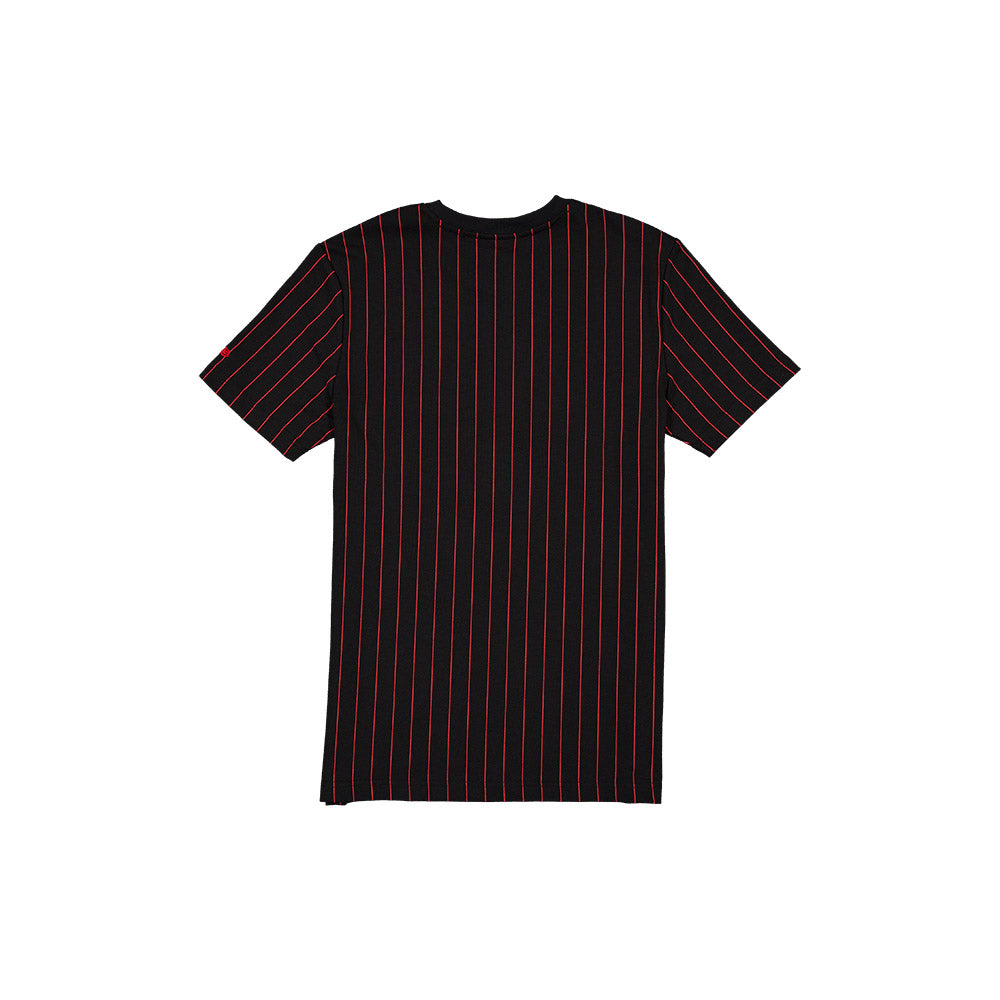 A short-sleeve crewneck t-shirt with thin vertical red pinstripes on a black background, shown flat against a solid white background.