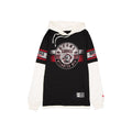 A black and white Buffalo Sabres athletic hoodie with a distressed circular logo on the chest, striped sleeves, and white drawstrings, shown against a plain white background.