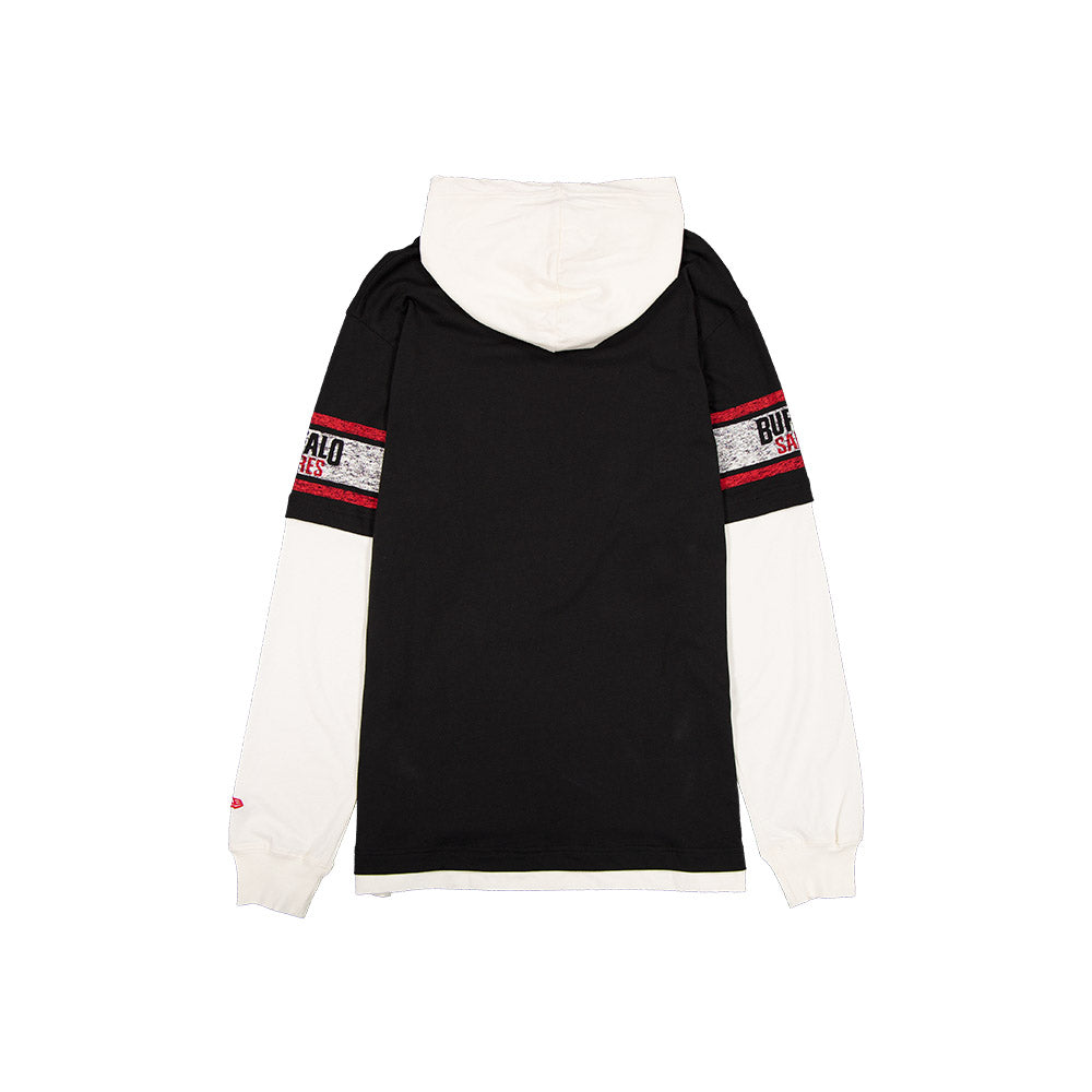 A black and white long-sleeve hoodie shown from the back, featuring a solid black back panel, white sleeves and hood lining, and red and white striped sleeve bands with text.