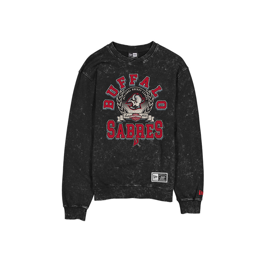 A black acid-wash crewneck sweatshirt featuring a Buffalo Sabres graphic on the front, displayed against a solid white background.