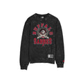 A black acid-wash crewneck sweatshirt featuring a Buffalo Sabres graphic on the front, displayed against a solid white background.