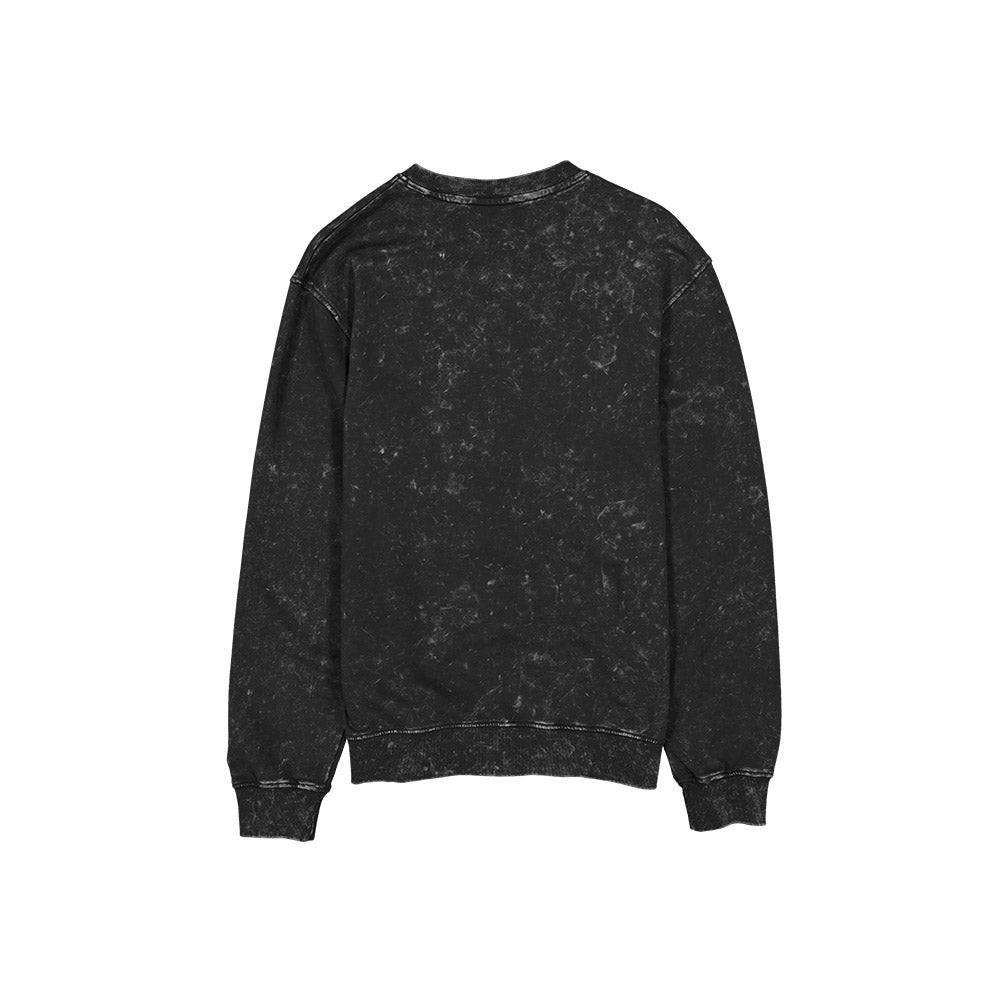 A black acid-wash crewneck sweatshirt shown from the back, laid flat against a solid white background.