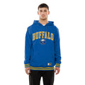 A man wearing a blue Buffalo hooded sweatshirt with yellow and white lettering and stripes, paired with black pants, against a plain white background.