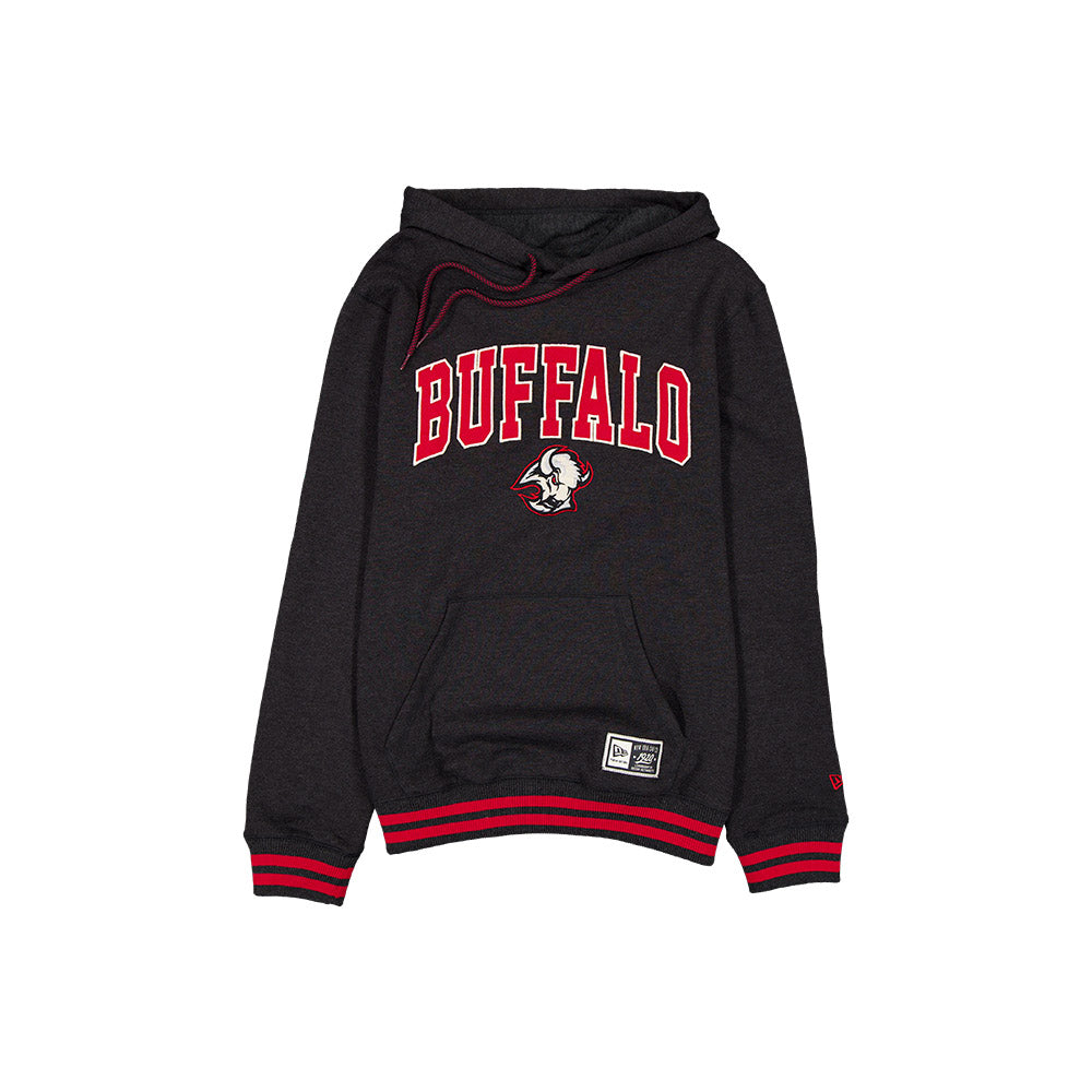 A black pullover hoodie featuring 'BUFFALO' in red varsity lettering with a white and red buffalo logo underneath, set against a plain white background.
