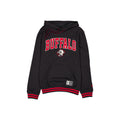 A black pullover hoodie featuring 'BUFFALO' in red varsity lettering with a white and red buffalo logo underneath, set against a plain white background.