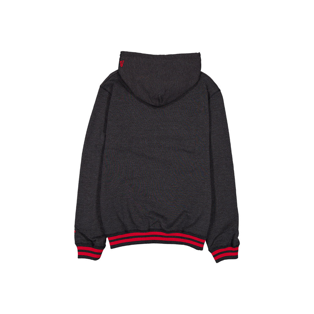 A dark gray heather zip-up hoodie shown from the back, featuring red and black striped ribbed cuffs and hem, on a solid white background.