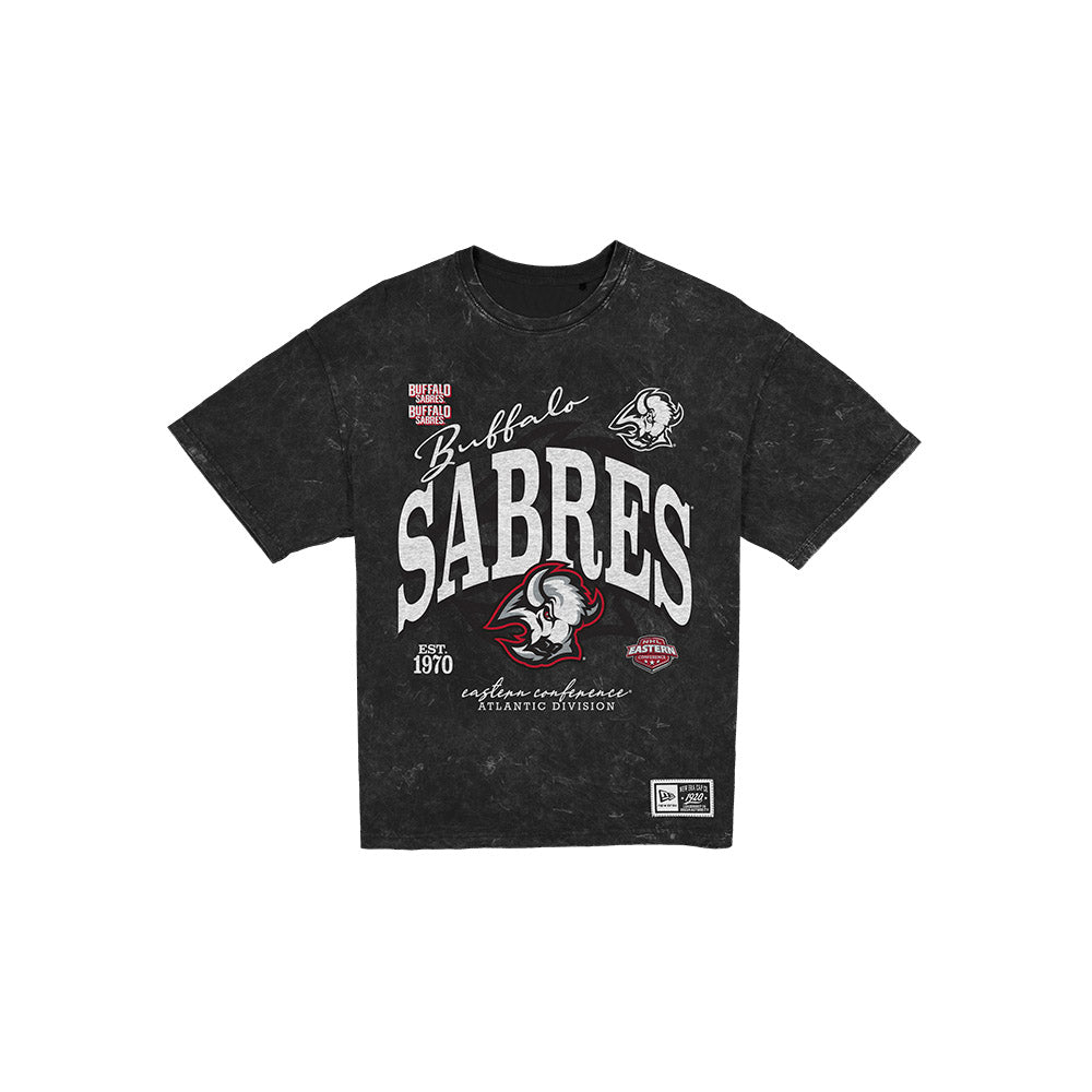 A black acid-wash graphic t-shirt featuring the 'Buffalo Sabres' NHL team logo and branding, displayed flat against a solid white background.