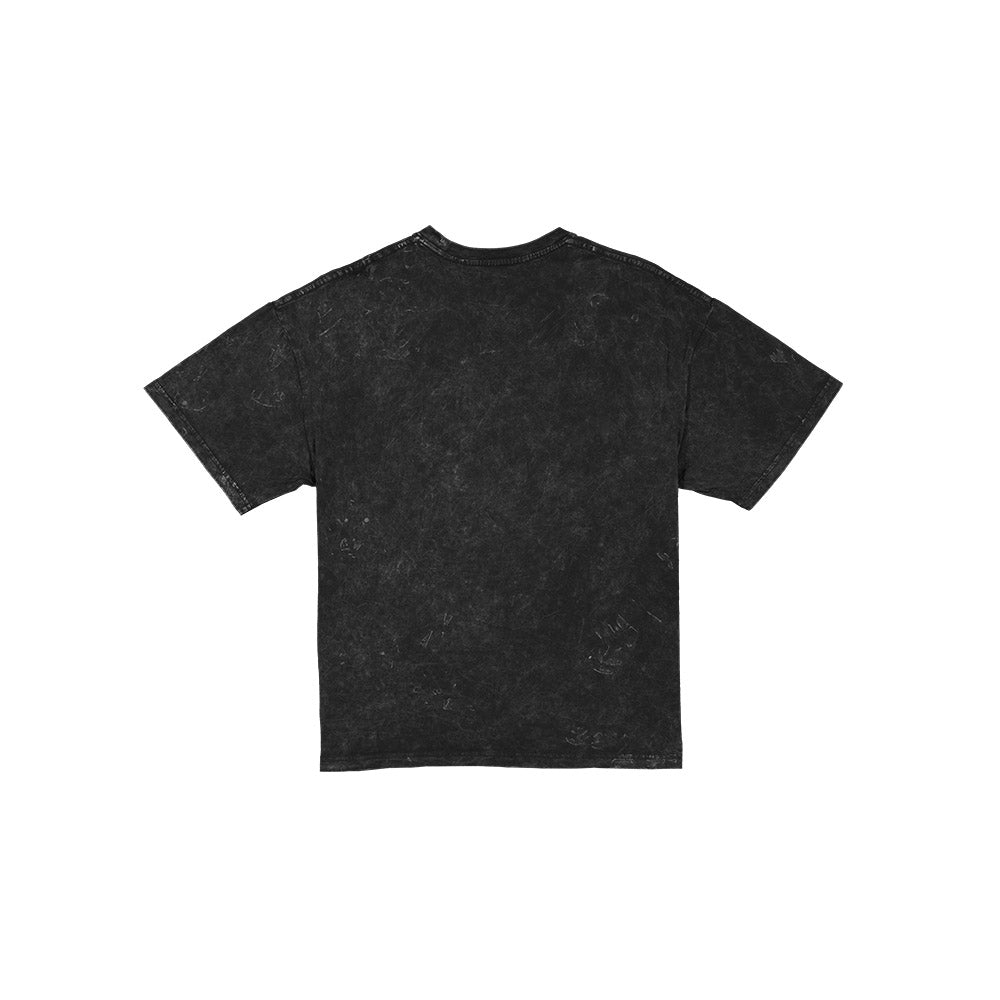 A short-sleeve crewneck t-shirt in a washed, faded black or very dark navy color, shown flat against a solid white background.