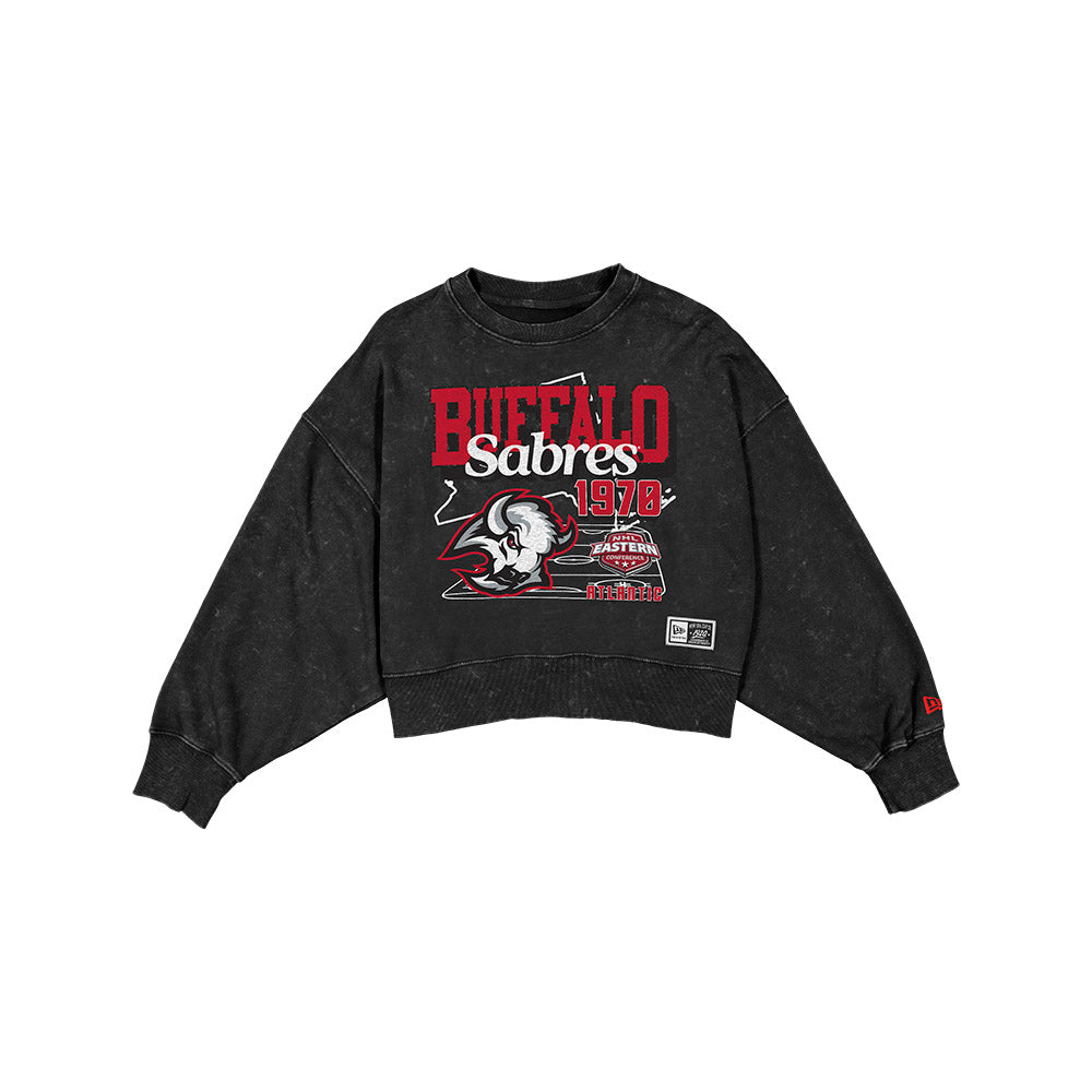 A washed black crewneck sweatshirt featuring a distressed red and white Buffalo Sabres graphic on the front, displayed against a solid white background.
