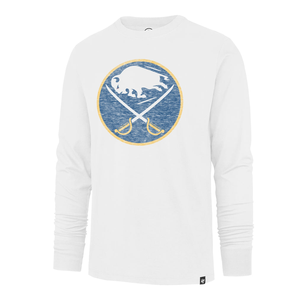 White long-sleeve shirt with a logo featuring a buffalo and crossed swords on a white background