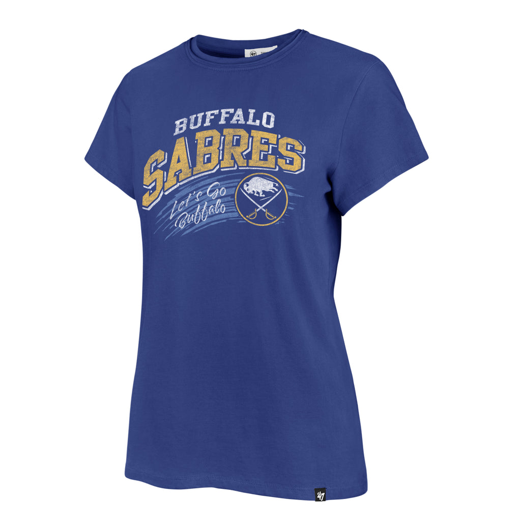 Blue t-shirt with 'Buffalo Sabres' text and logo on a white background