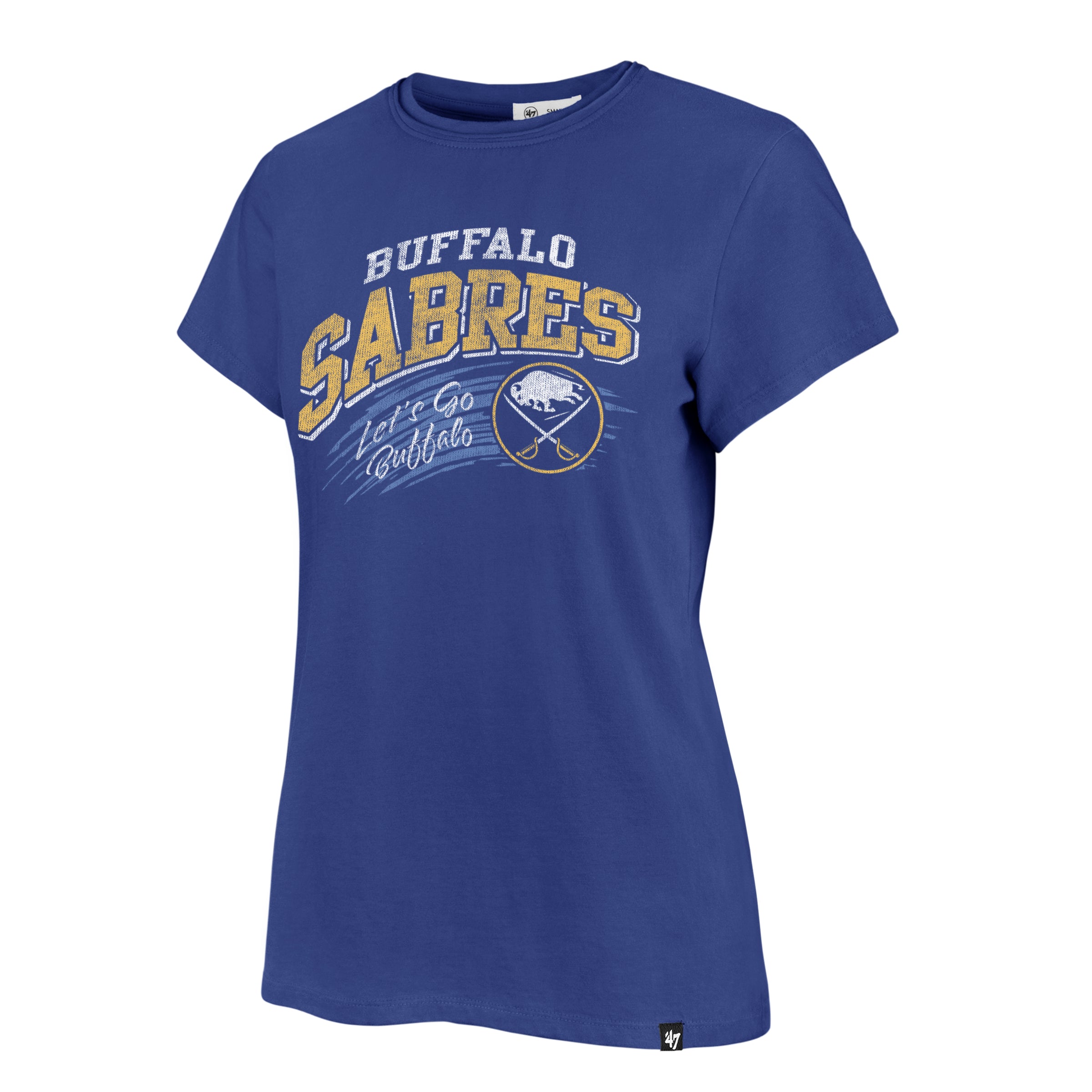 Blue t-shirt with 'Buffalo Sabres' text and logo on a white background
