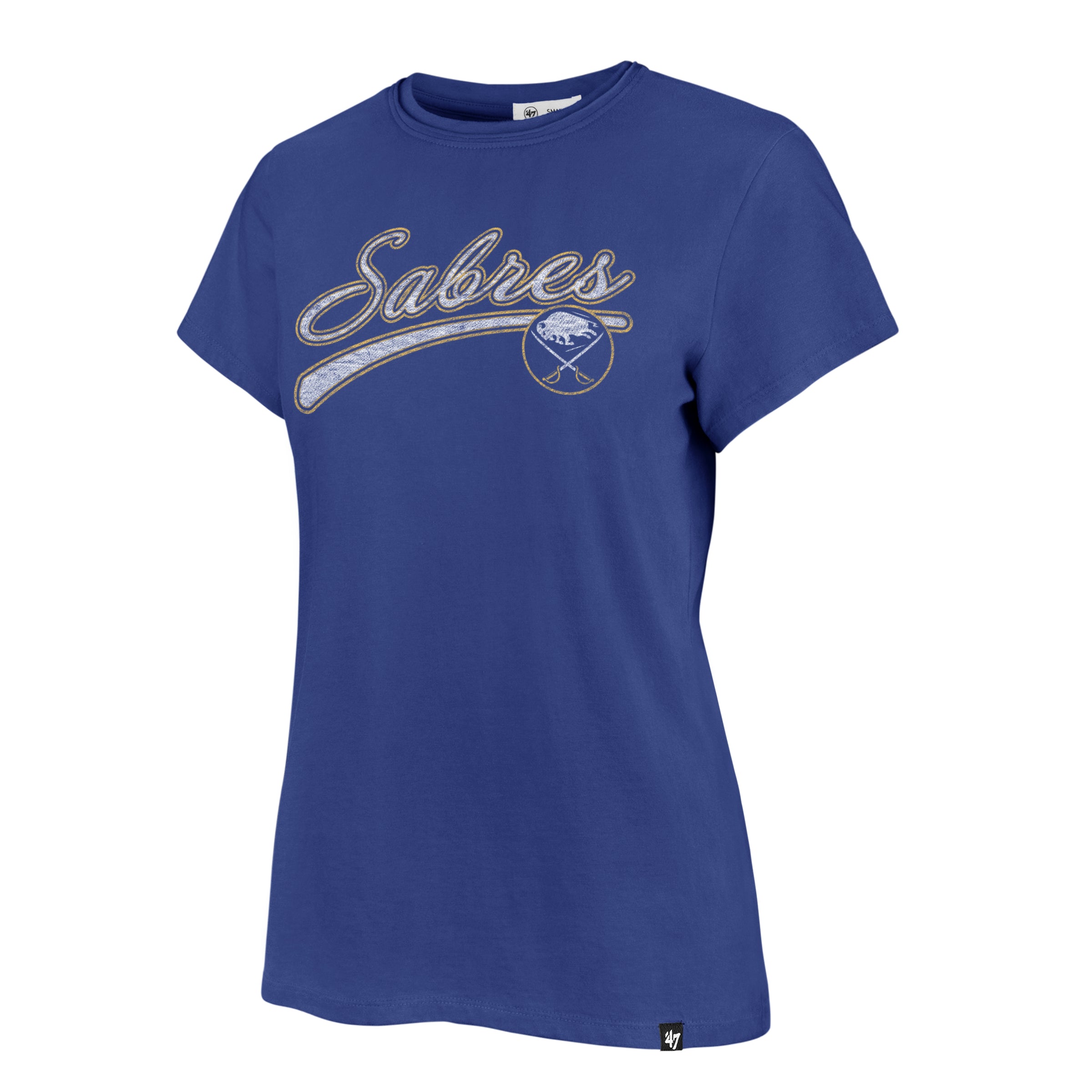 Blue t-shirt with 'Sabres' text and logo on a white background
