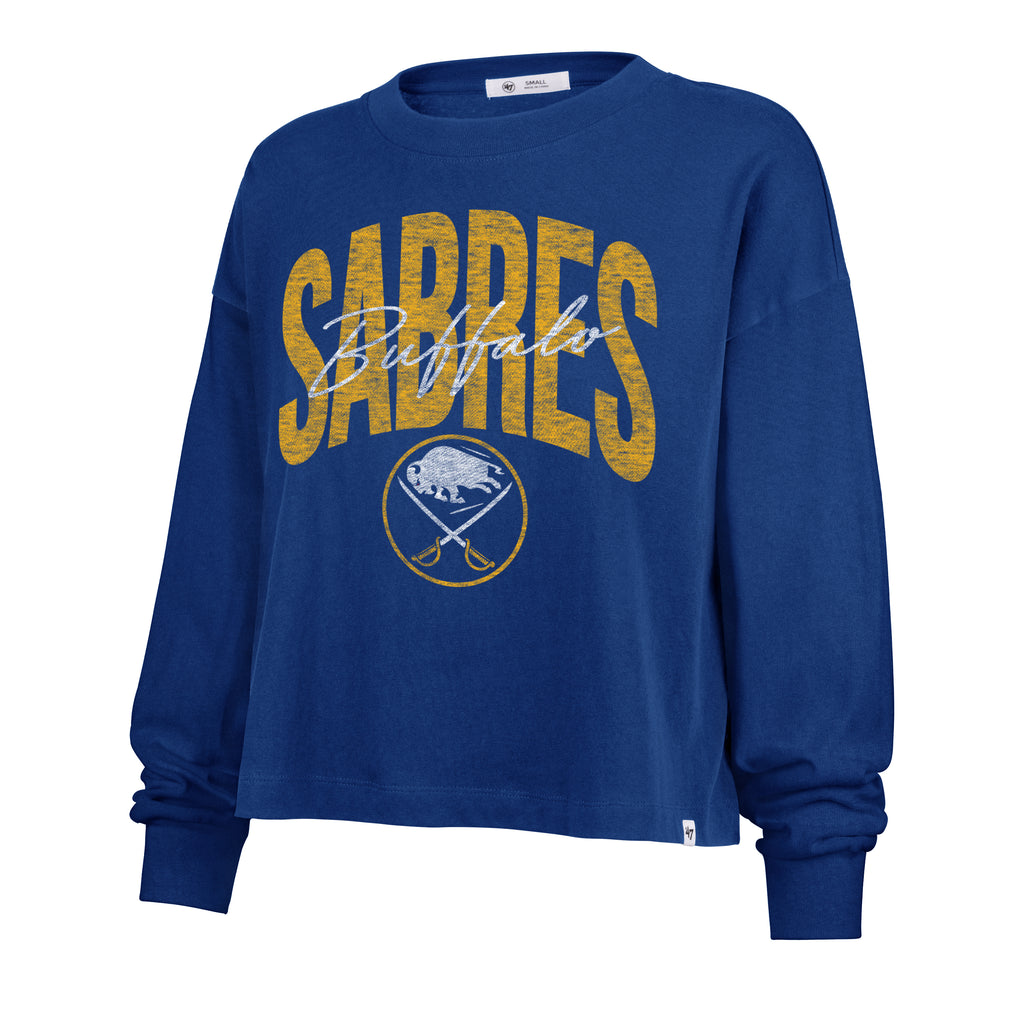 Blue sweatshirt with 'Sabres' and buffalo logo on a white background