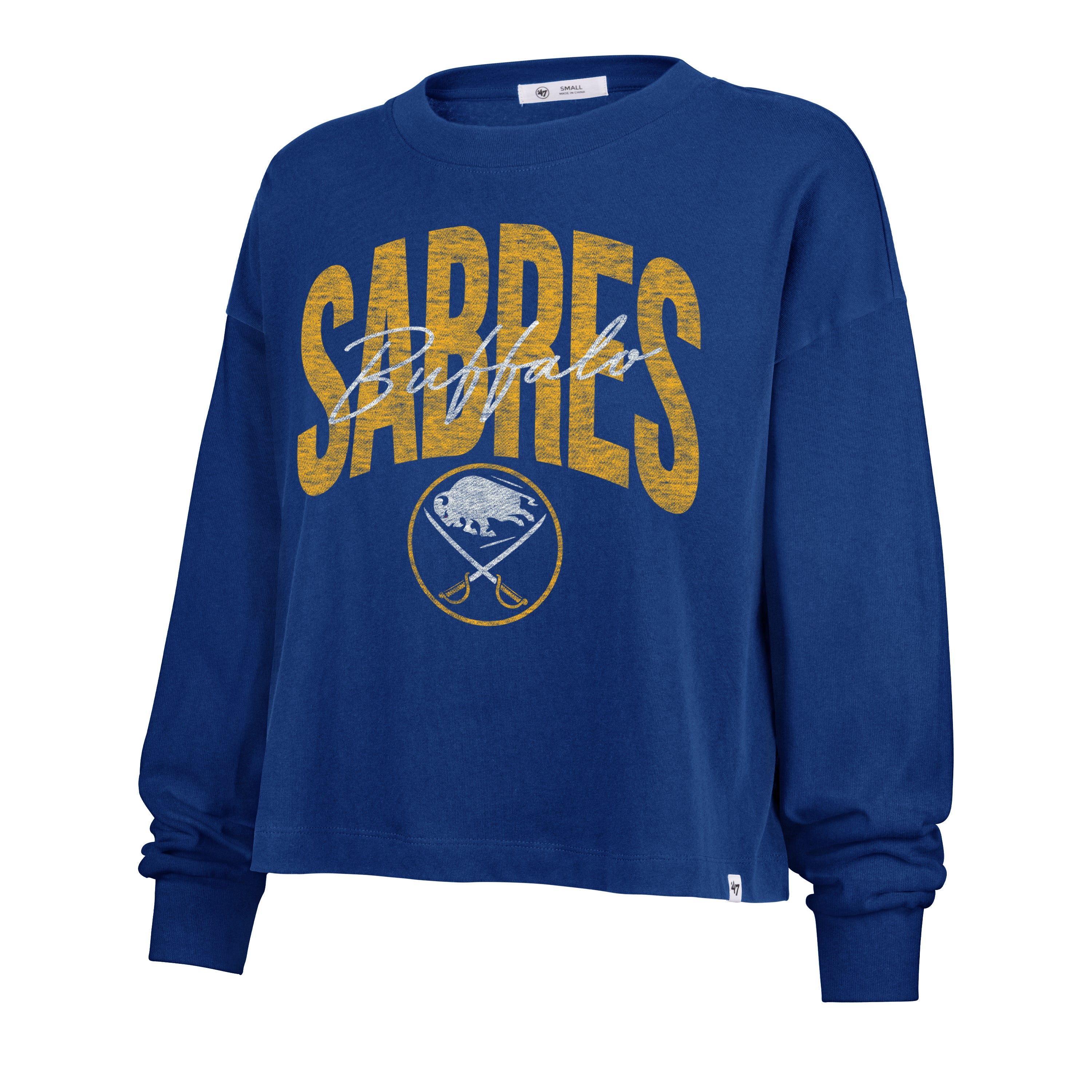 Blue sweatshirt with 'Sabres' and buffalo logo on a white background