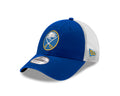 Blue and white cap with a logo on a white background