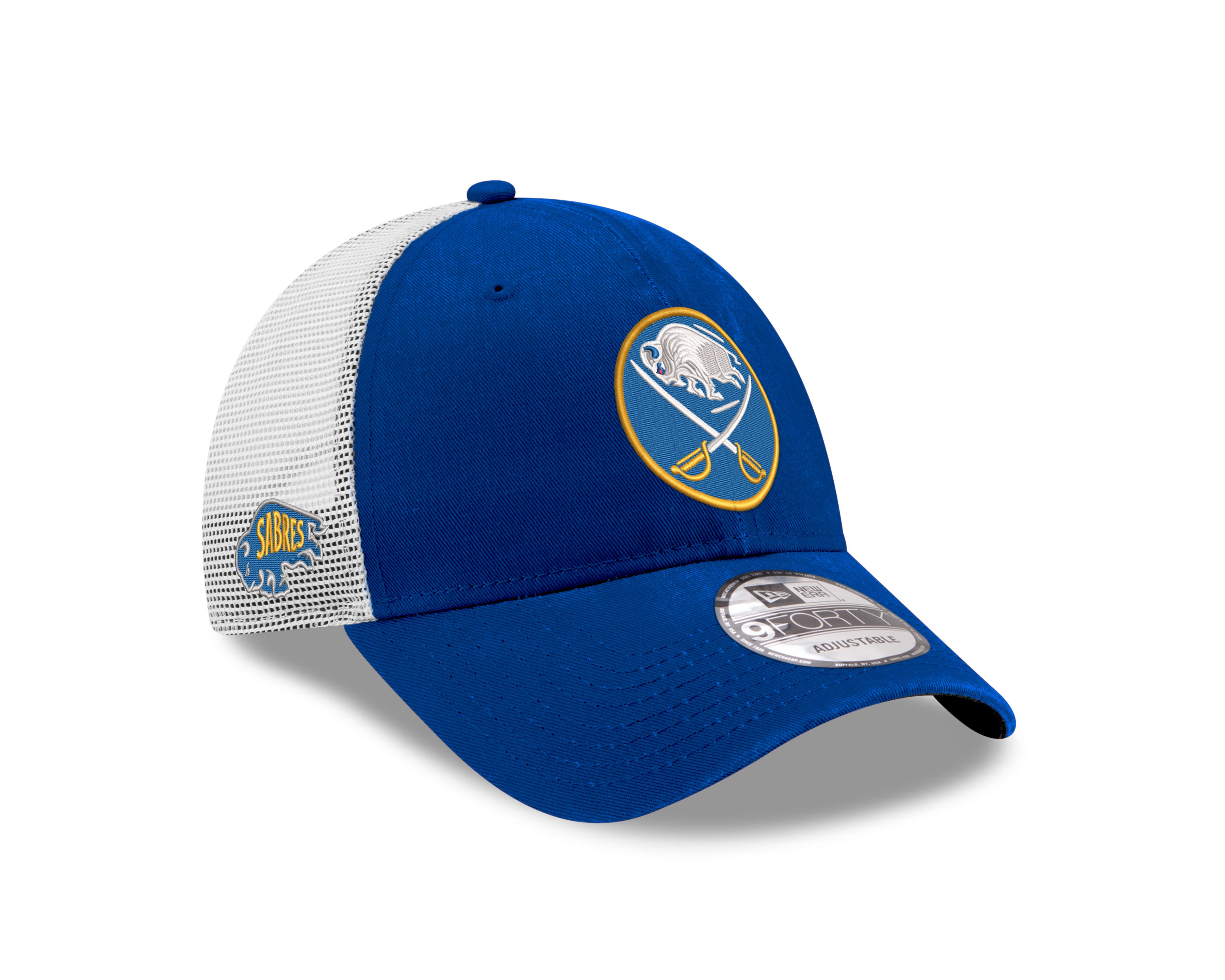 Blue and white cap with a logo on a white background