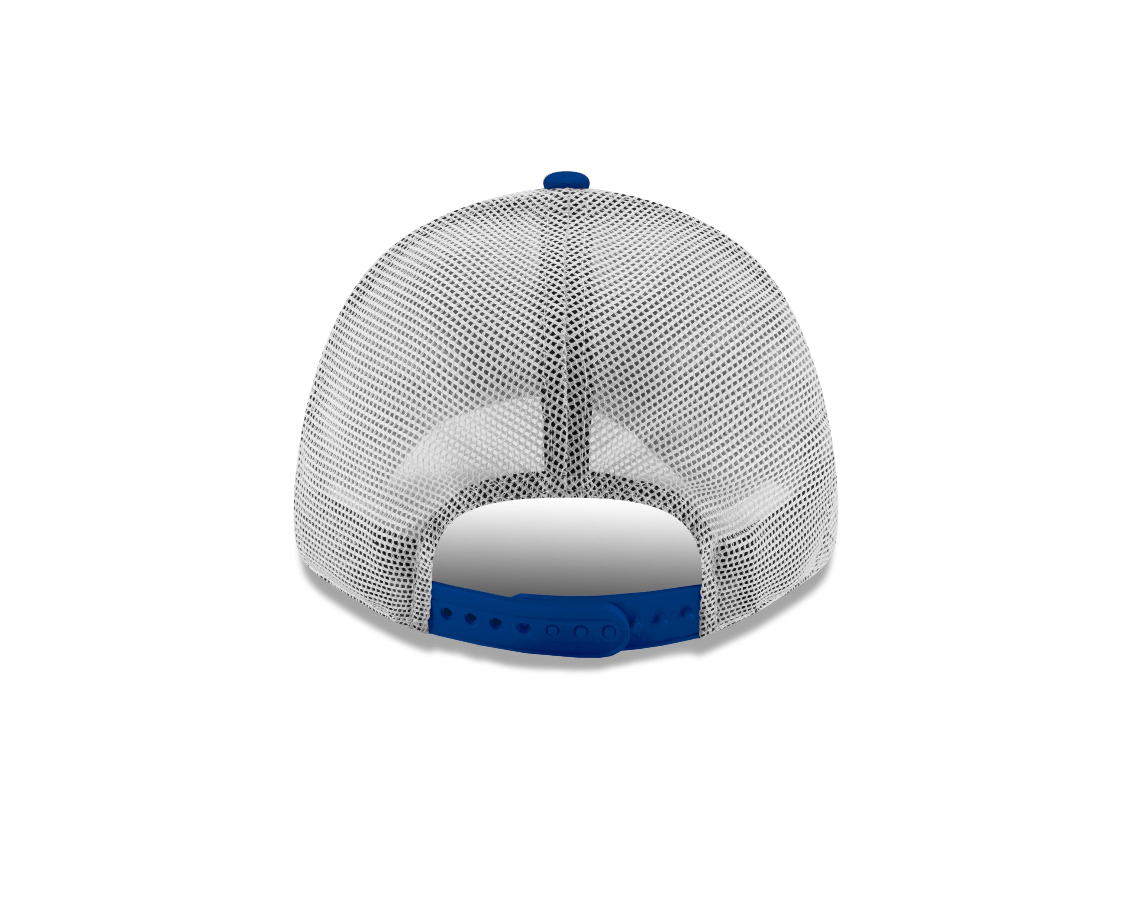 Back view of a mesh cap with blue rim on a white background