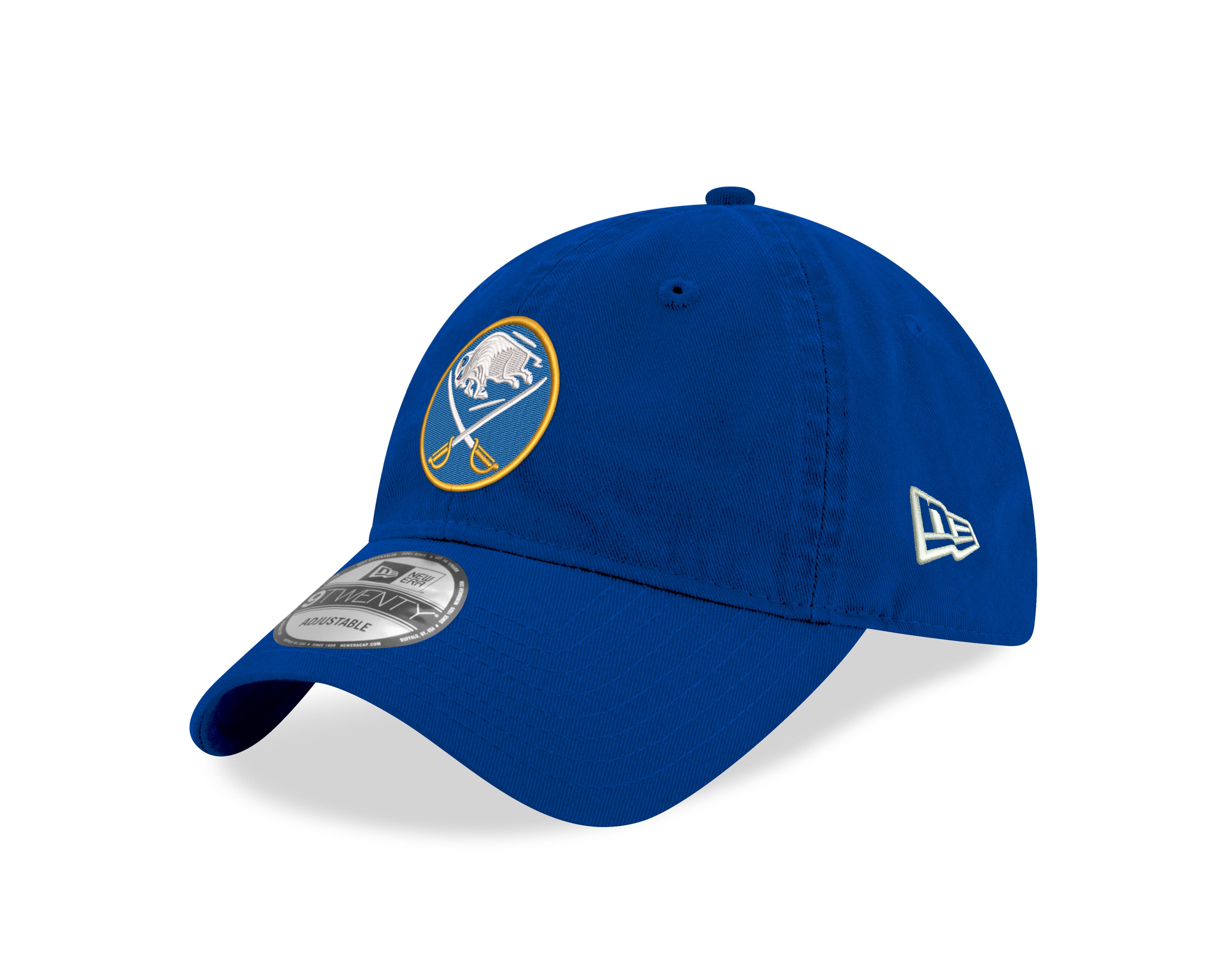 Blue baseball cap with a logo on a white background