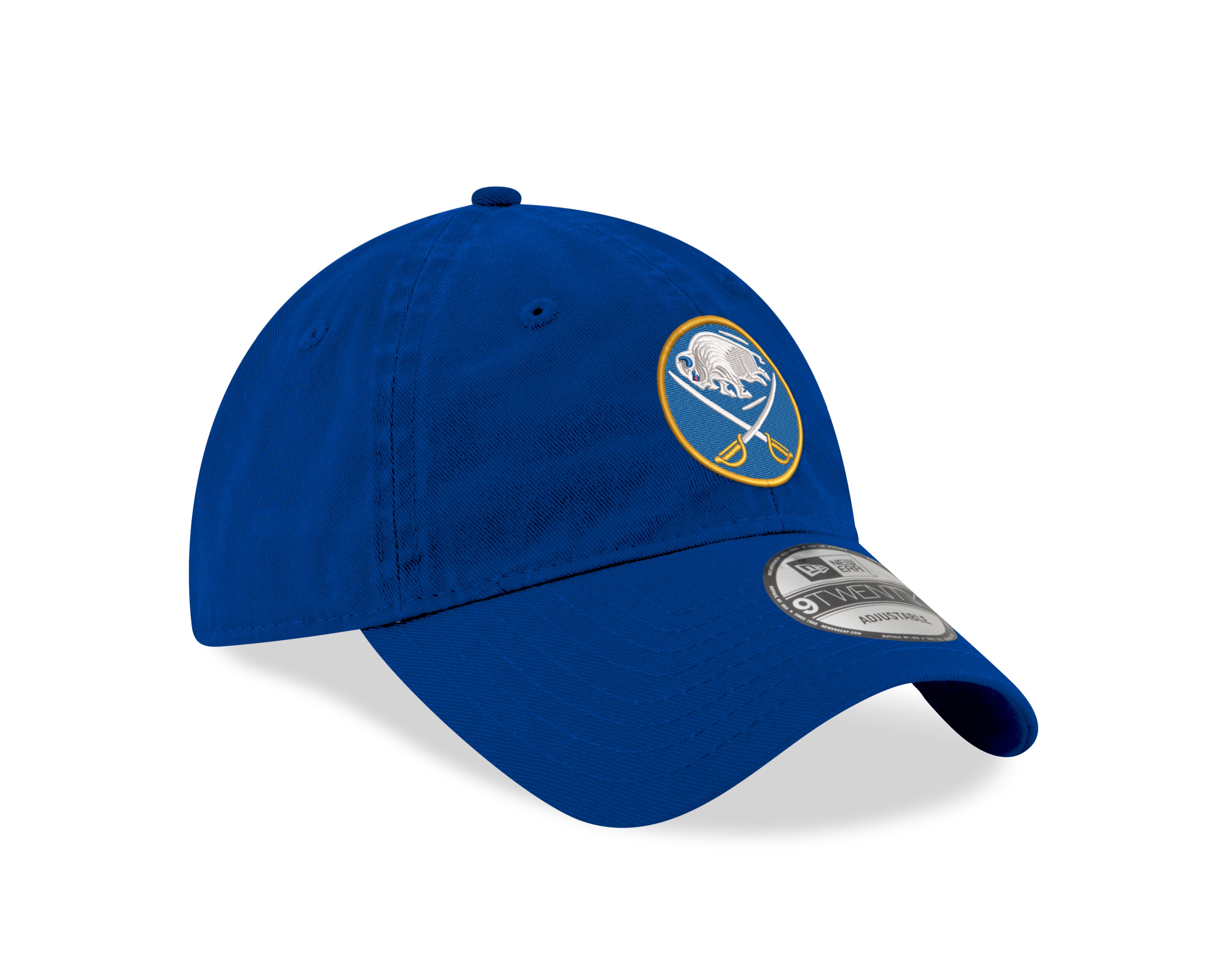 Blue baseball cap with a logo on a white background