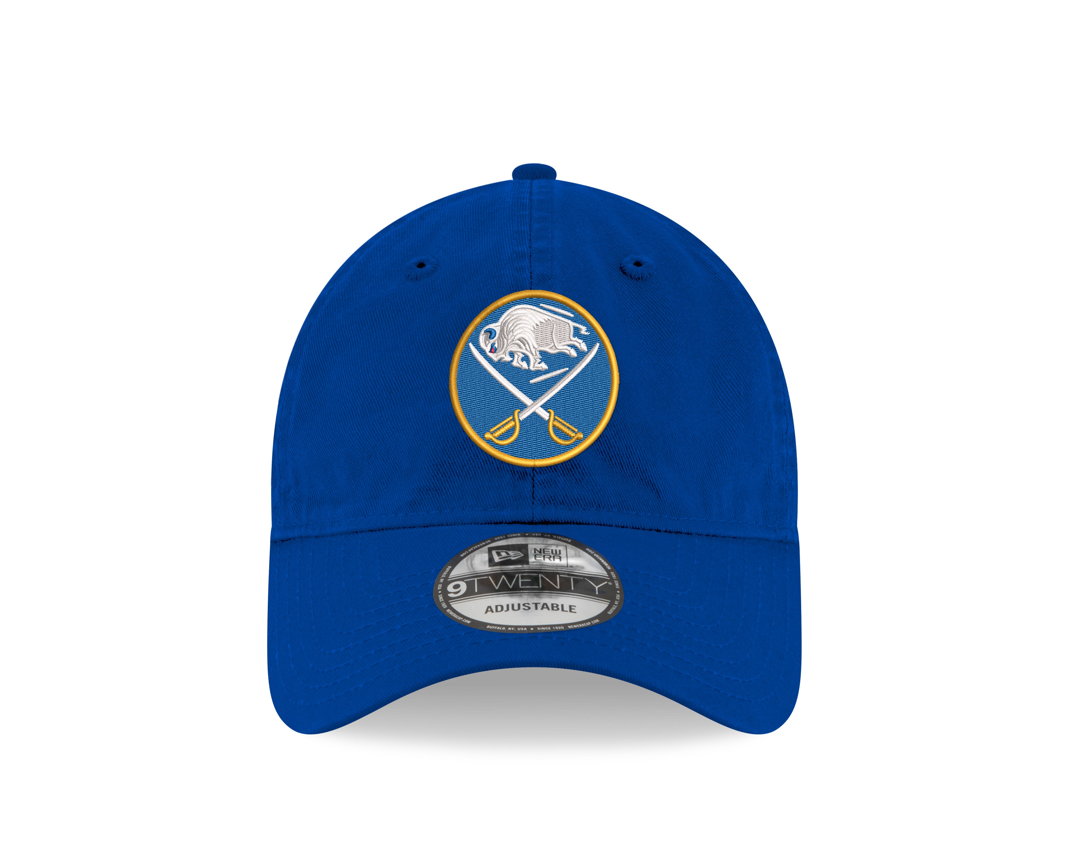 Blue baseball cap with a logo on a white background