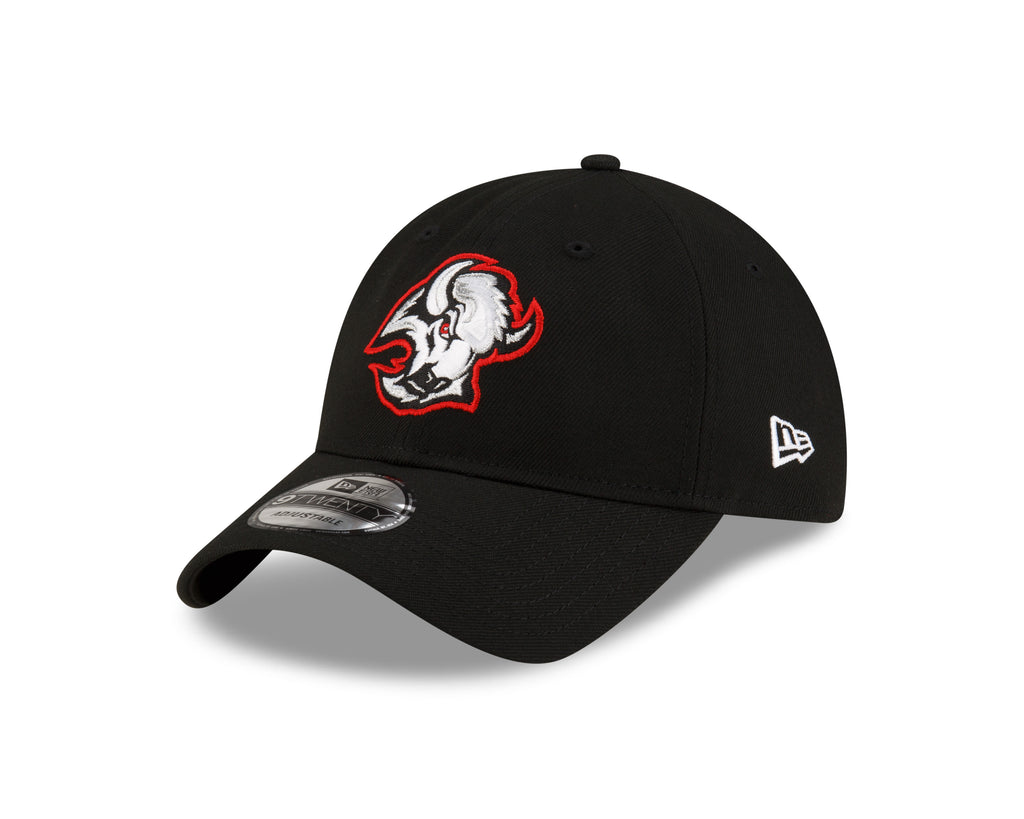 Black cap with a red and white logo on a white background