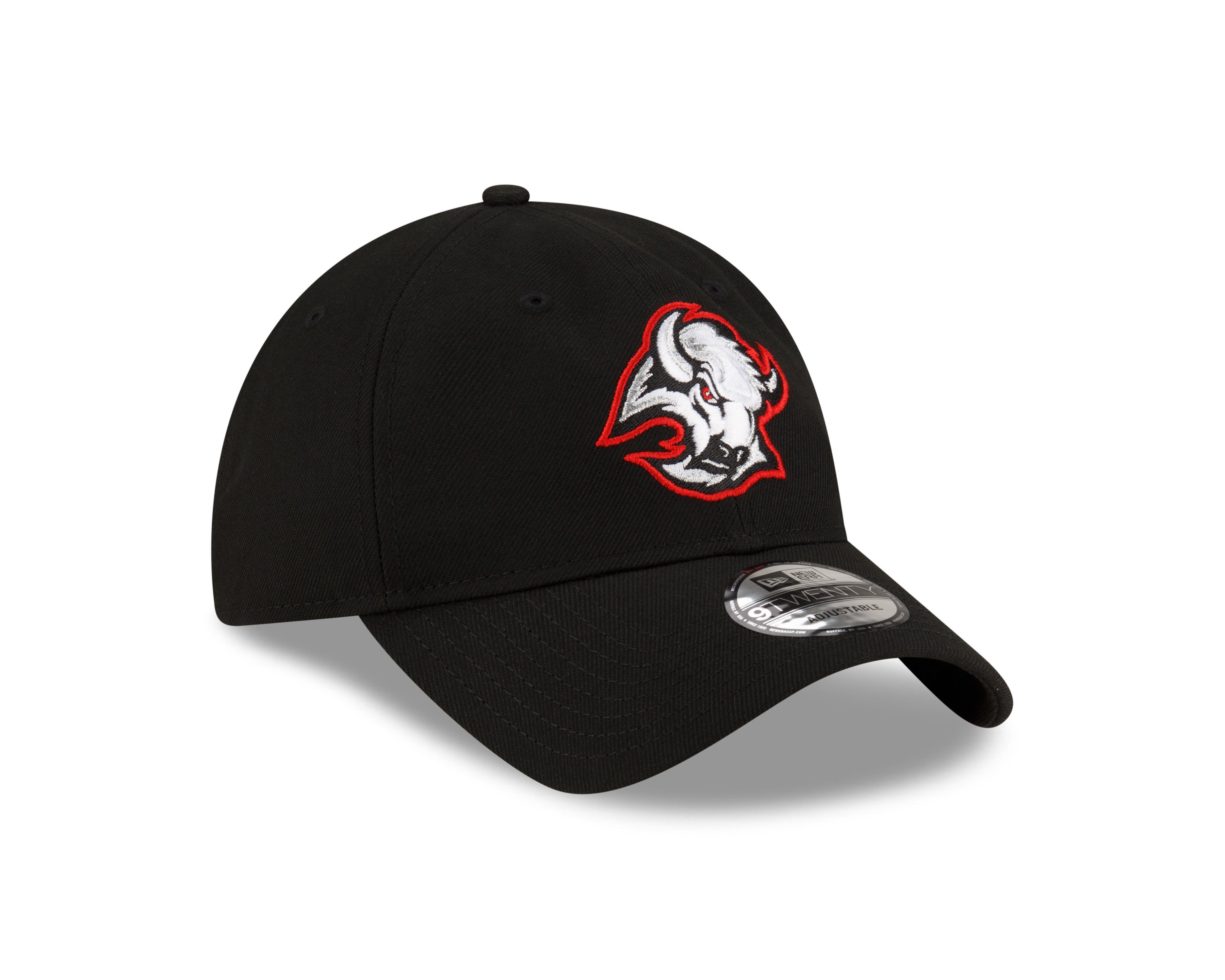 Black cap with a red and white logo on a white background