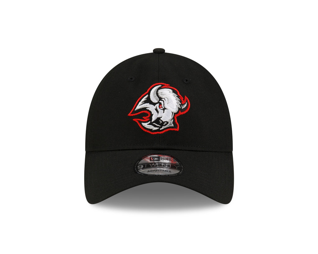 Black cap with a red and white logo on a white background