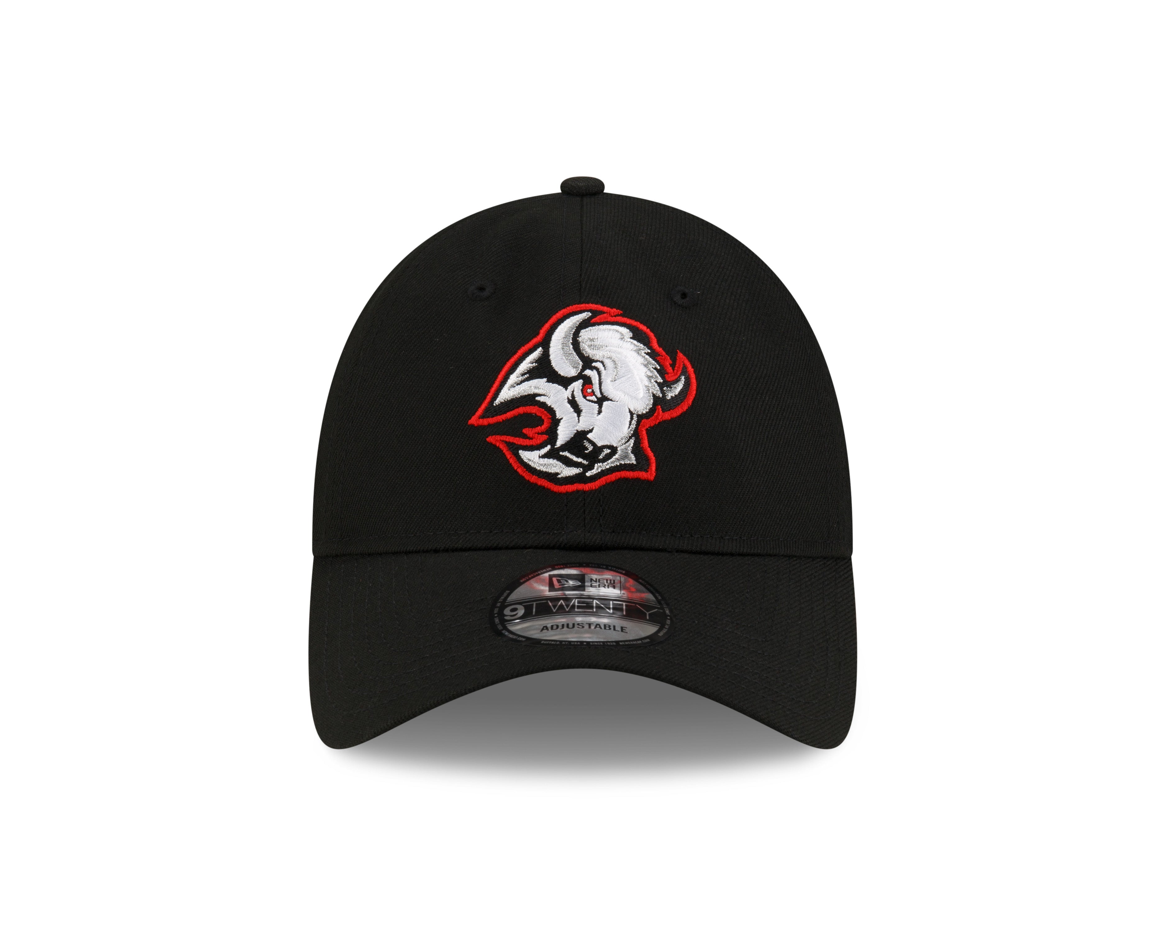 Black cap with a red and white logo on a white background