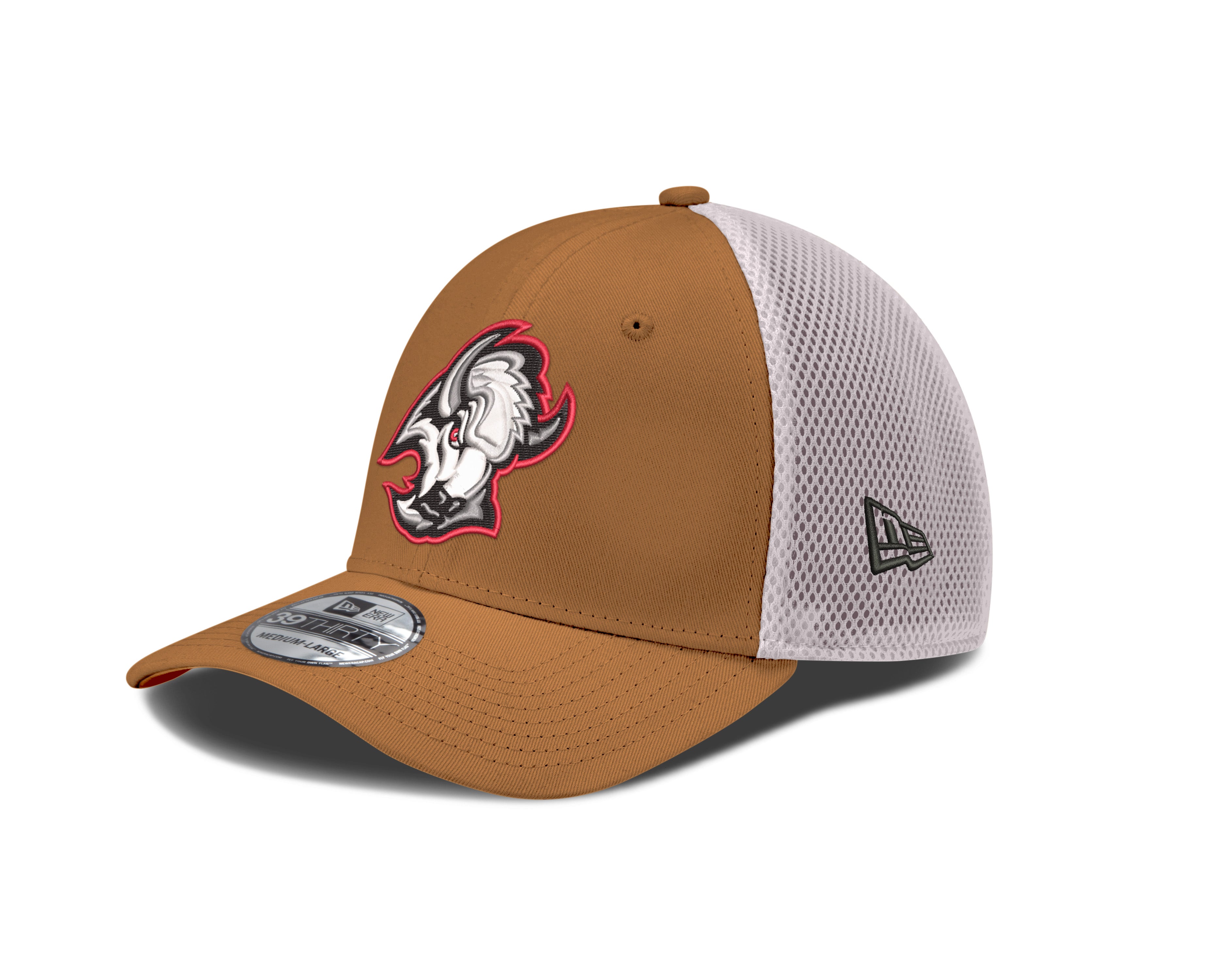 Brown and white baseball cap with logo on a white background