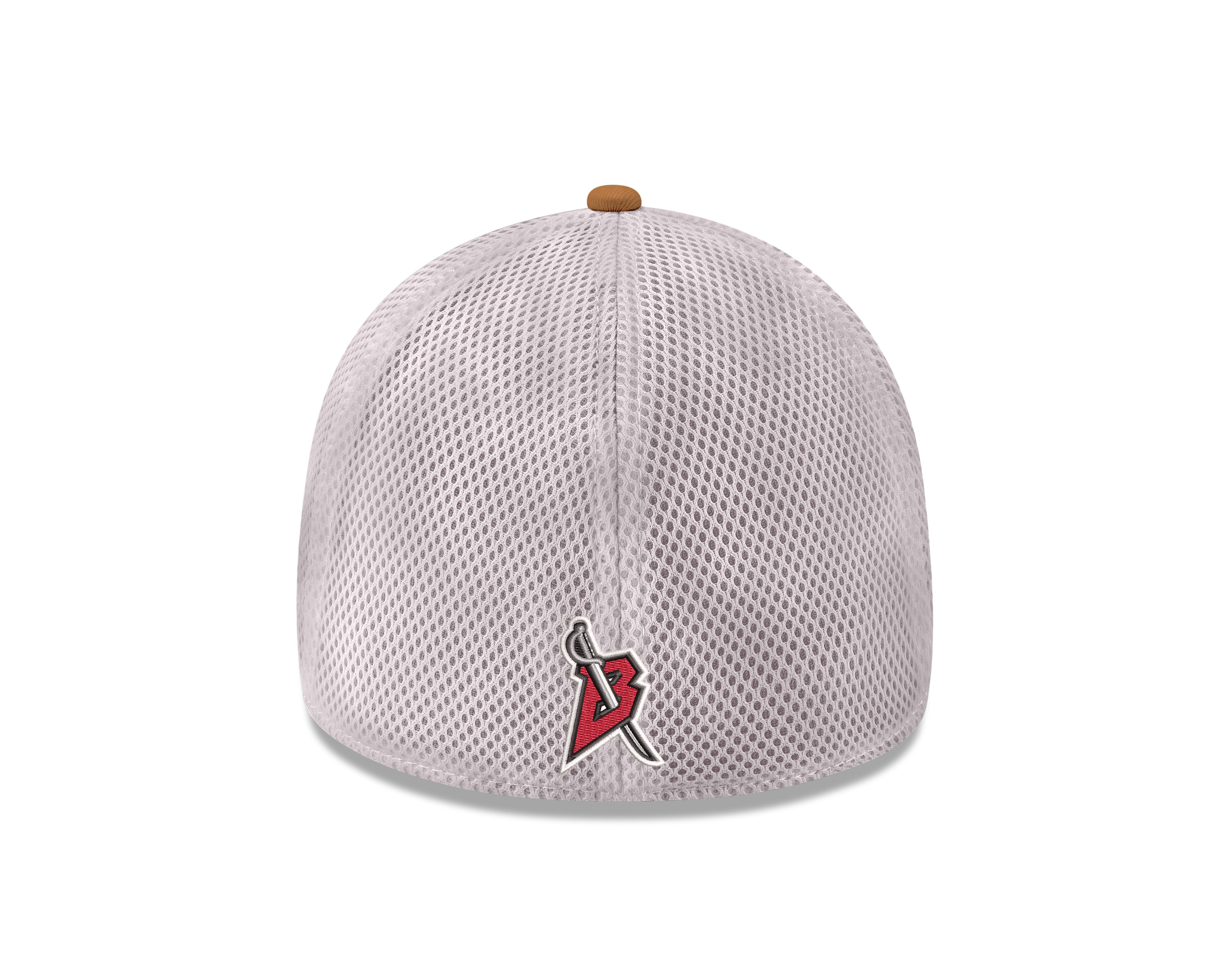 Gray cap with a red and black logo on a white background