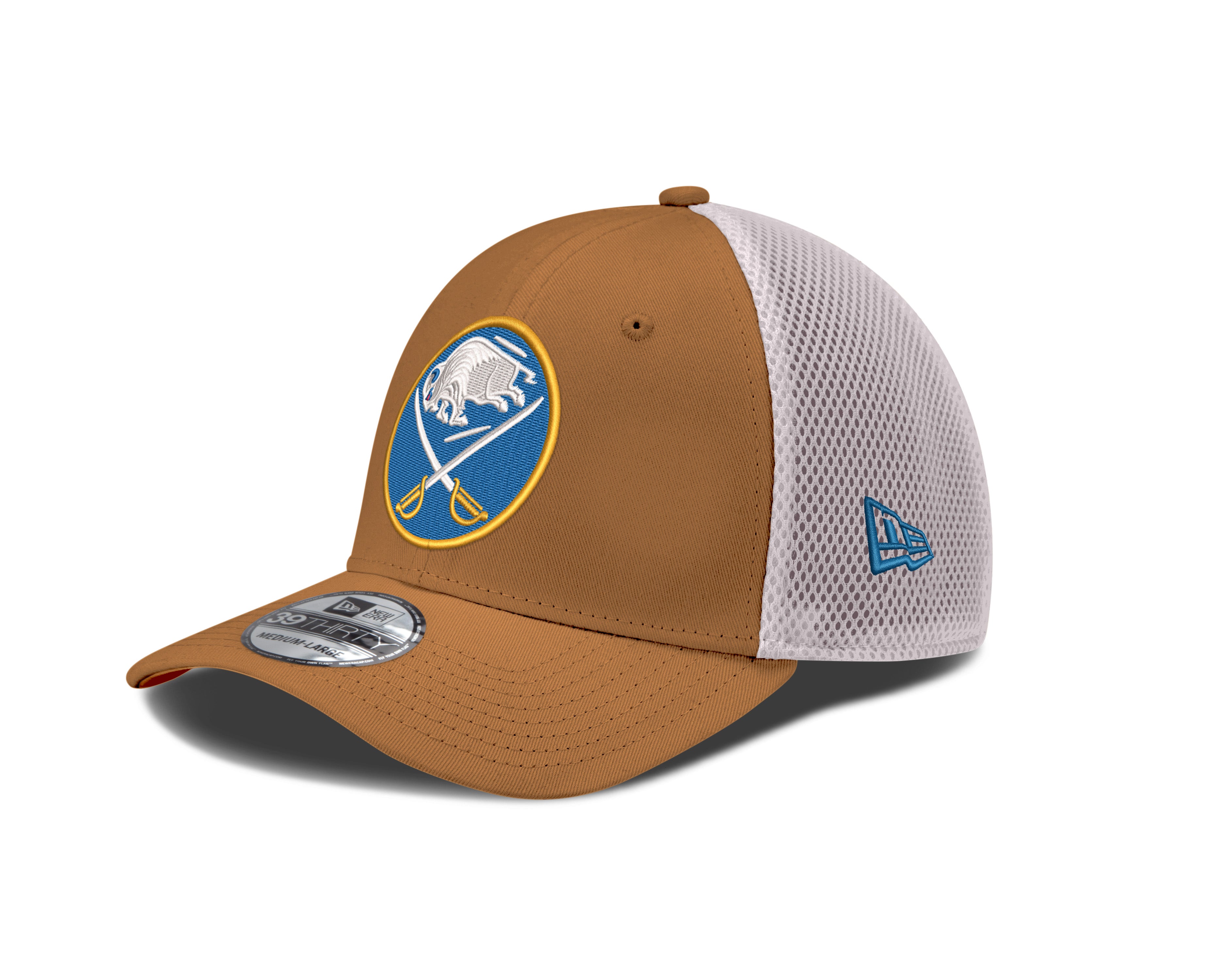 Brown and white baseball cap with a logo on a white background