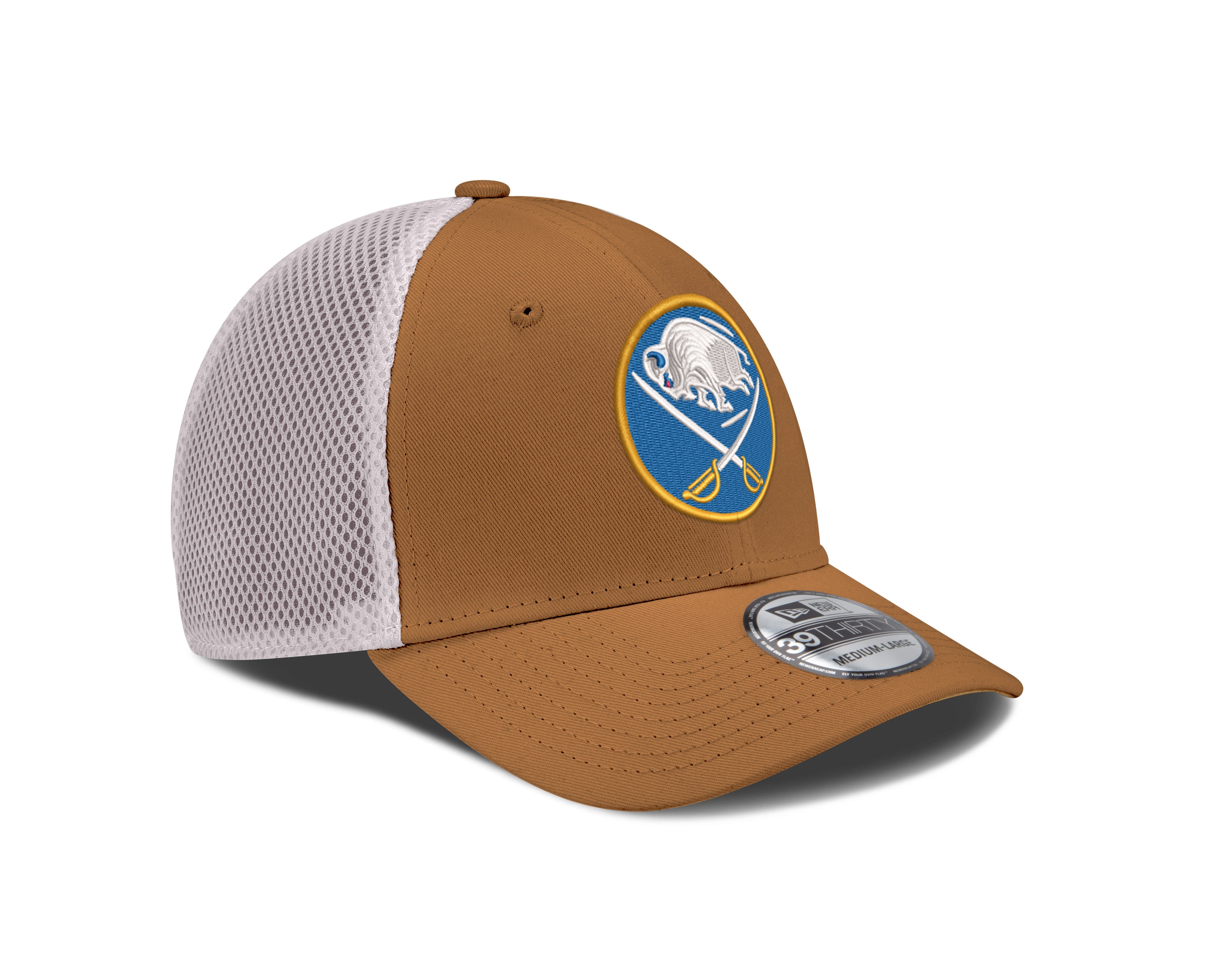 Brown and white cap with a logo on a white background