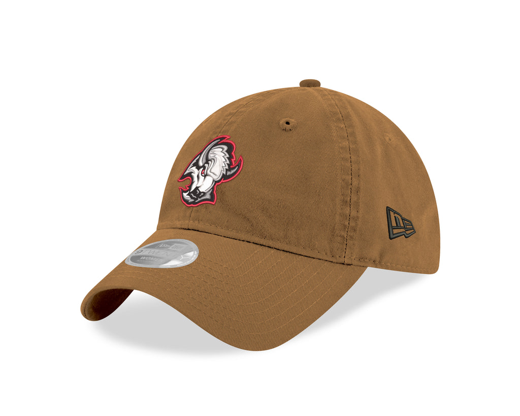 Brown baseball cap with logo and New Era logo on a white background