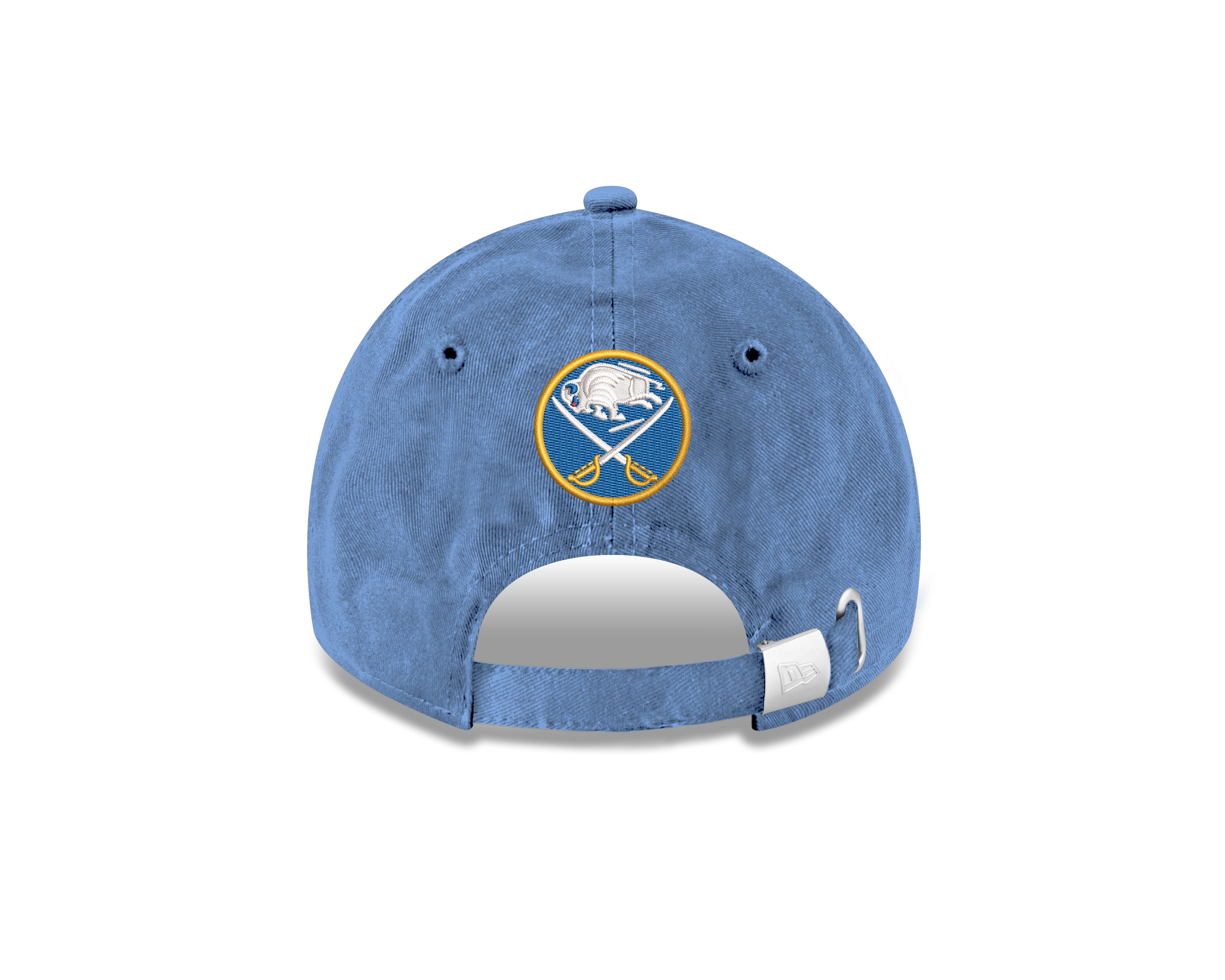 Blue cap with a logo on the back against a white background