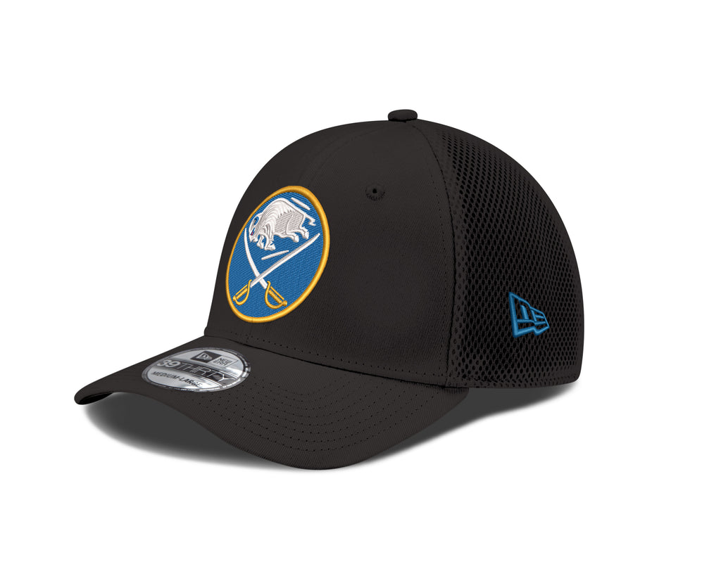 Black baseball cap with a logo on a white background