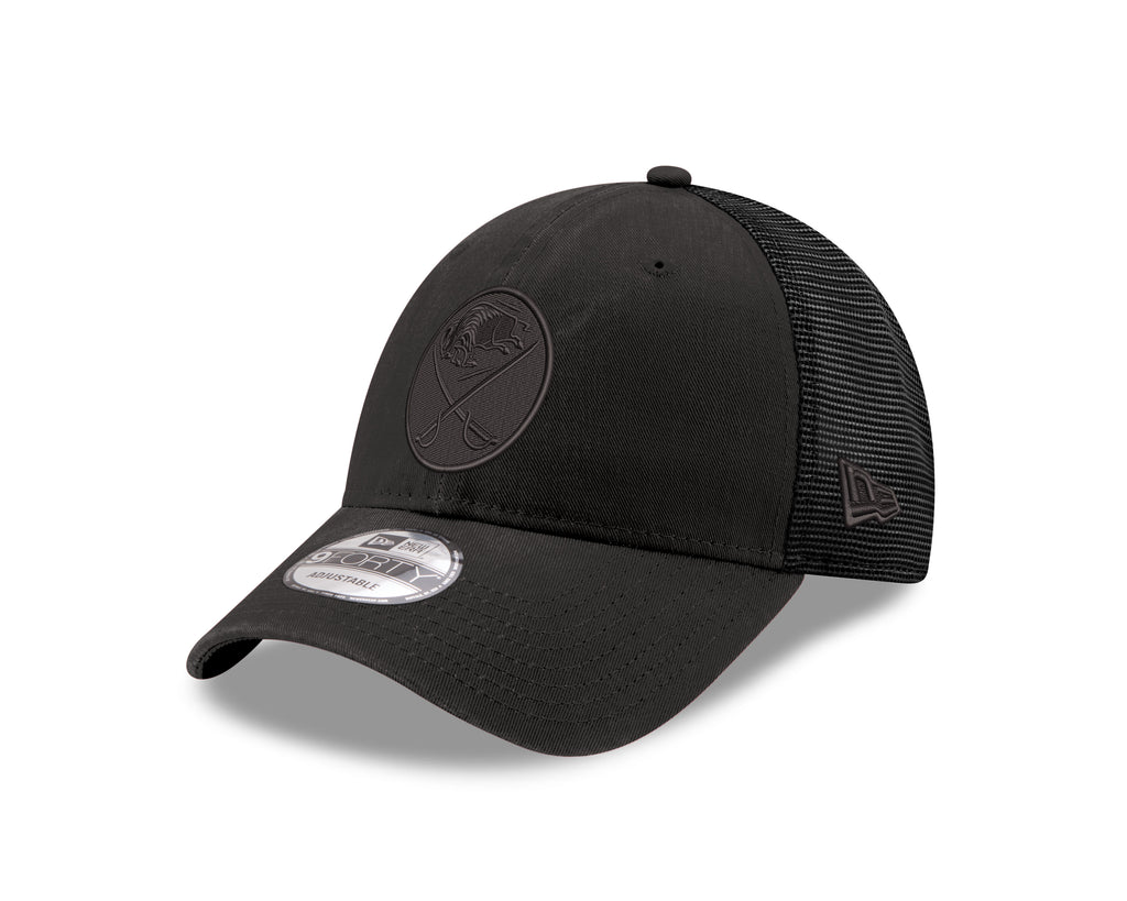 Black baseball cap with a logo on a white background