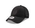 Black baseball cap with a logo on a white background