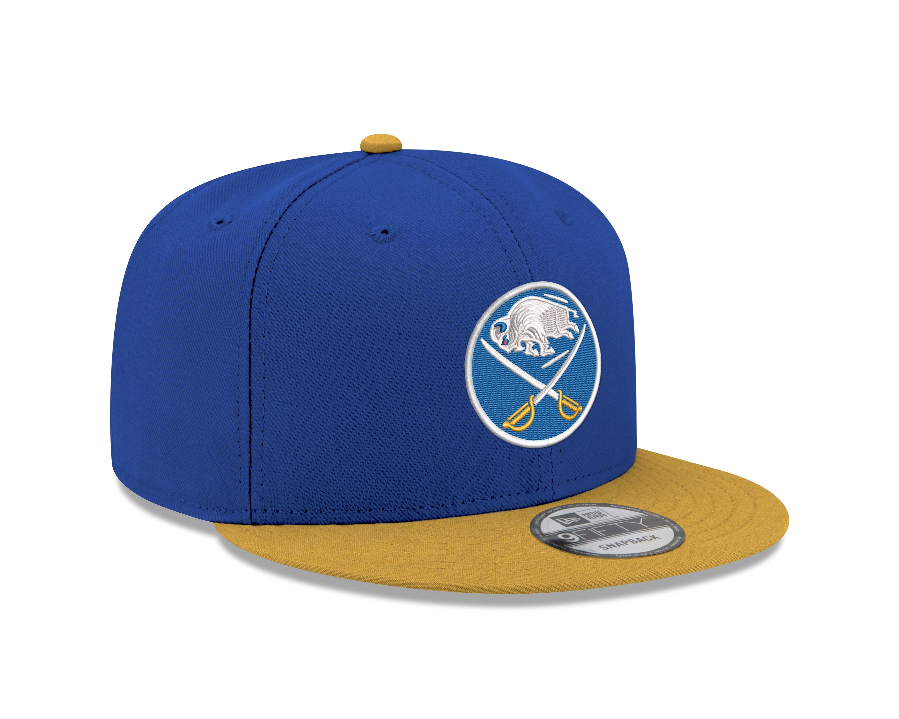 Blue and yellow cap with a logo on a white background