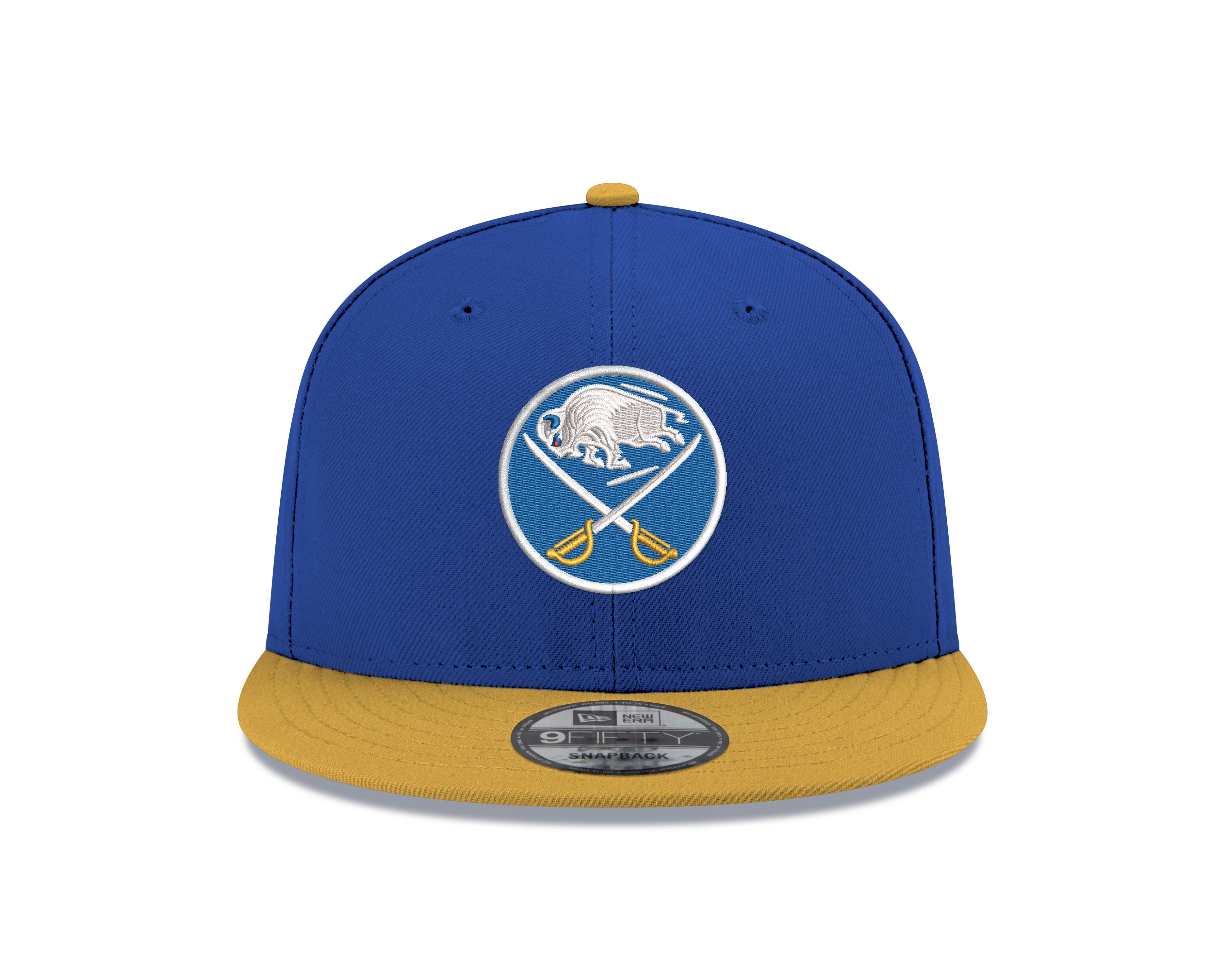 Blue and yellow baseball cap with a logo on a white background