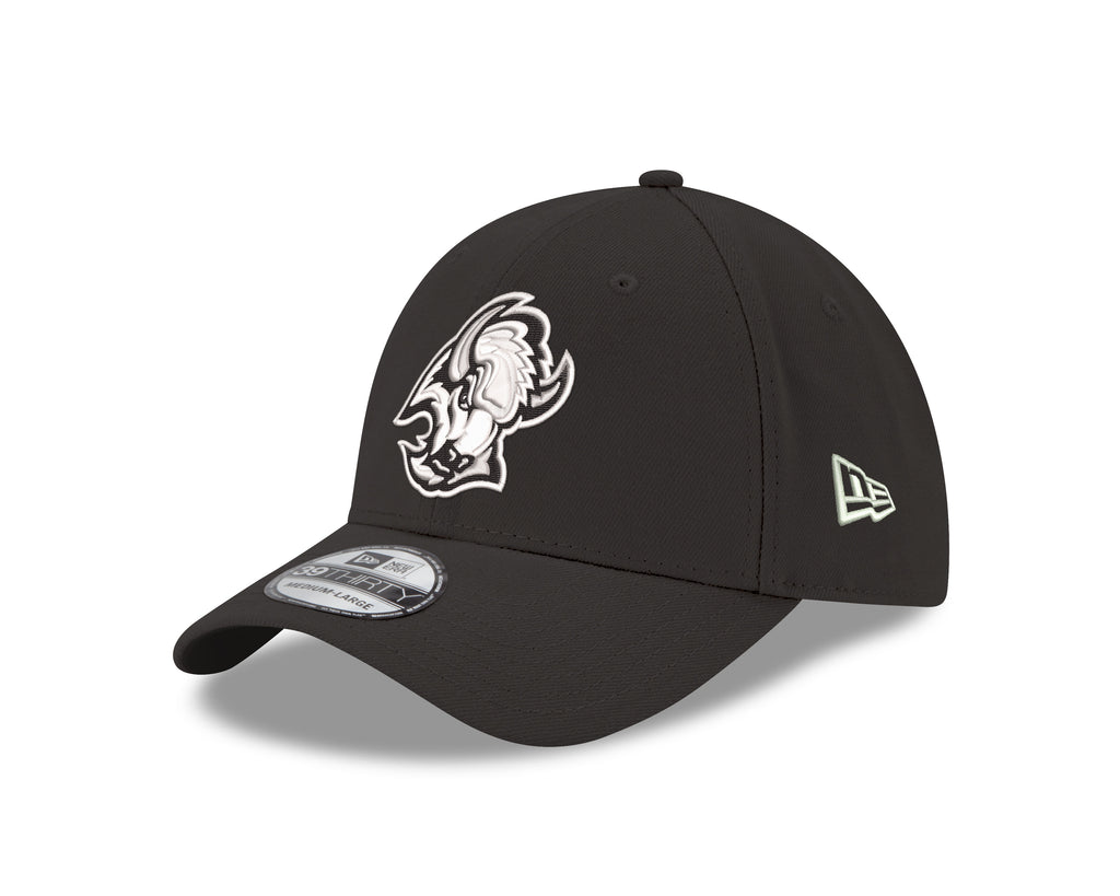 Black cap with a white logo on a white background