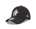 Black cap with a white logo on a white background