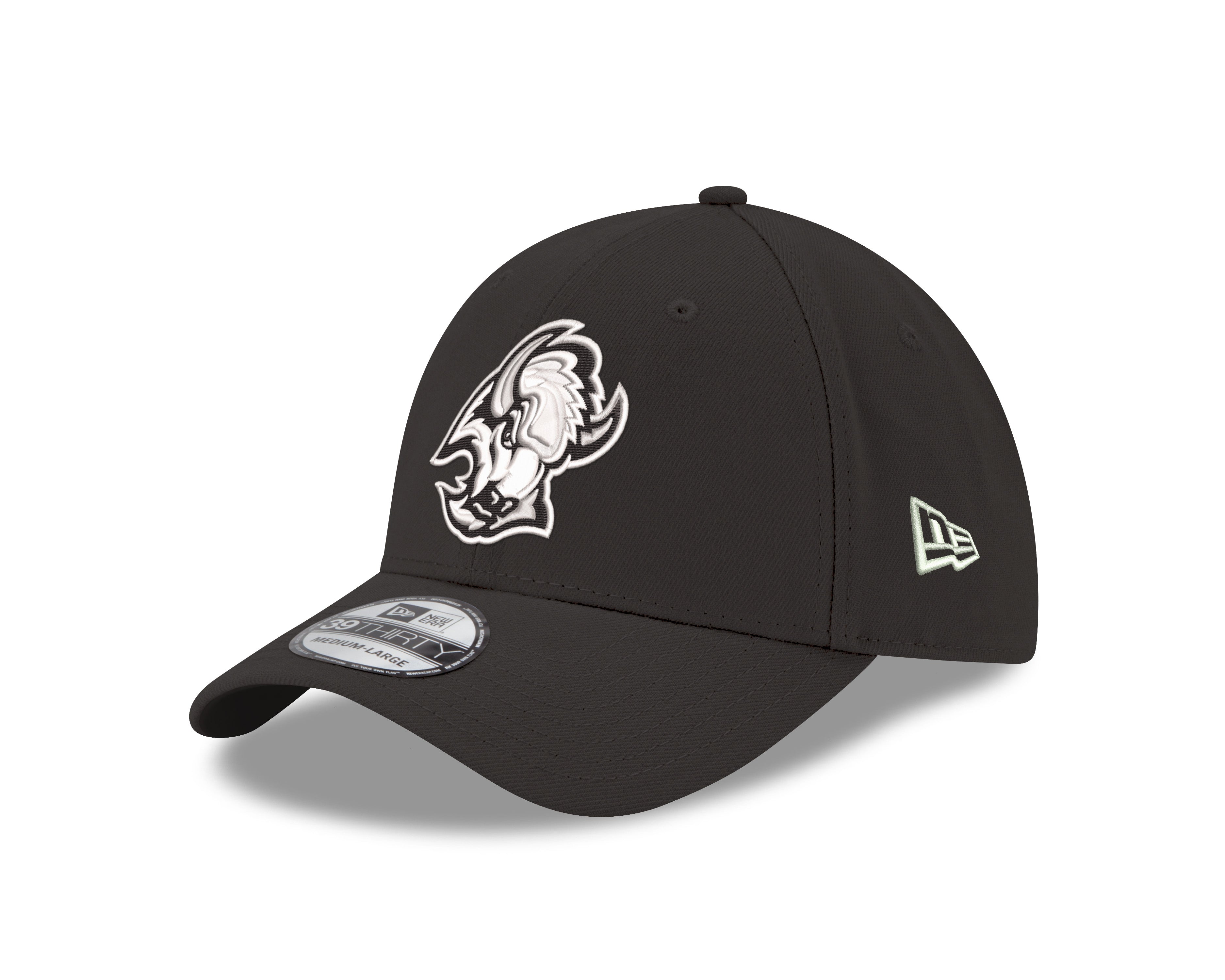 Black cap with a white logo on a white background