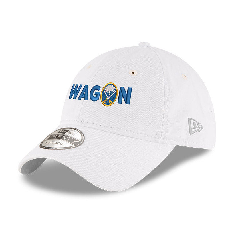 White cap with 'WAGON' text in royal bule and Buffalo Sabres logo