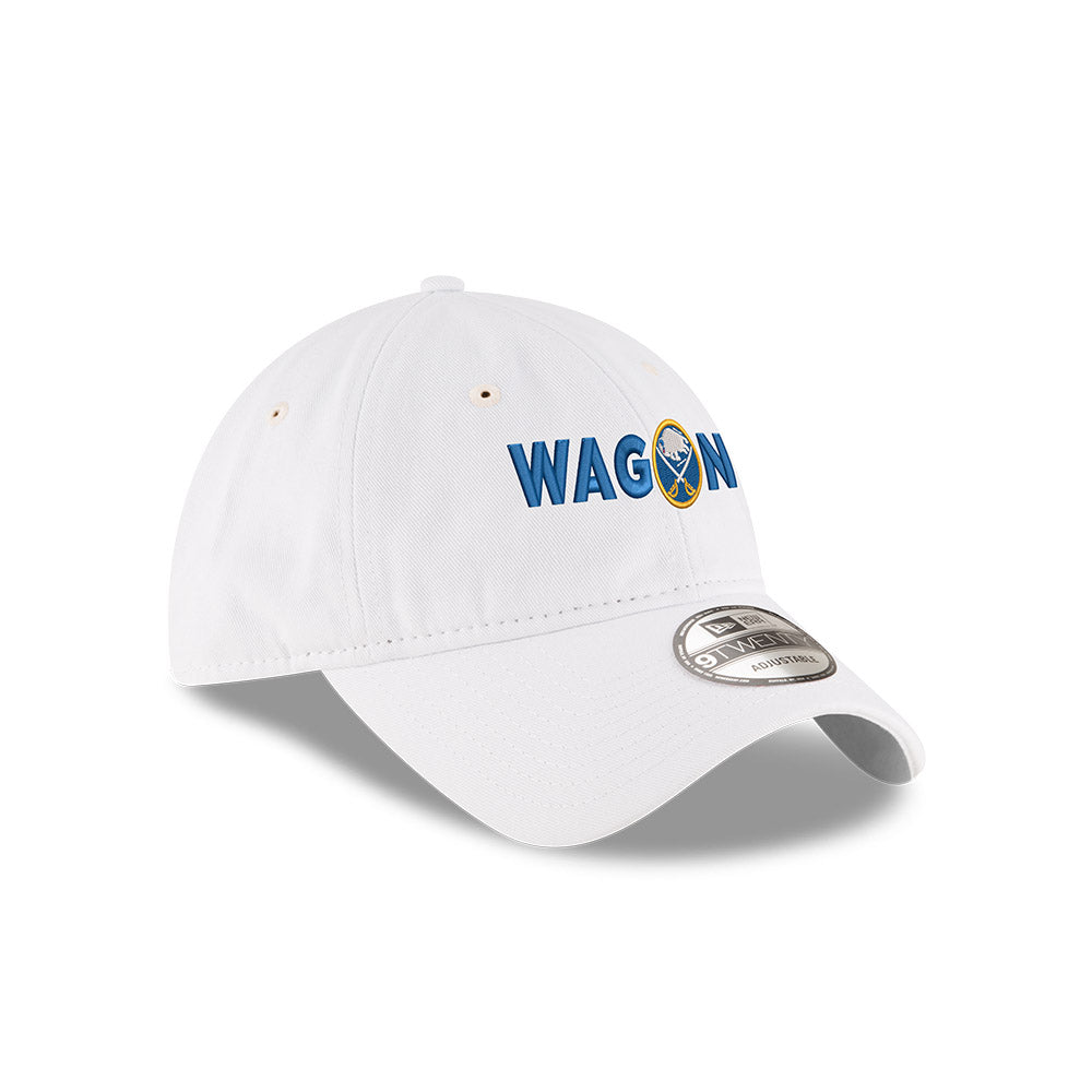 White cap with 'WAGON' text in royal bule and Buffalo Sabres logo