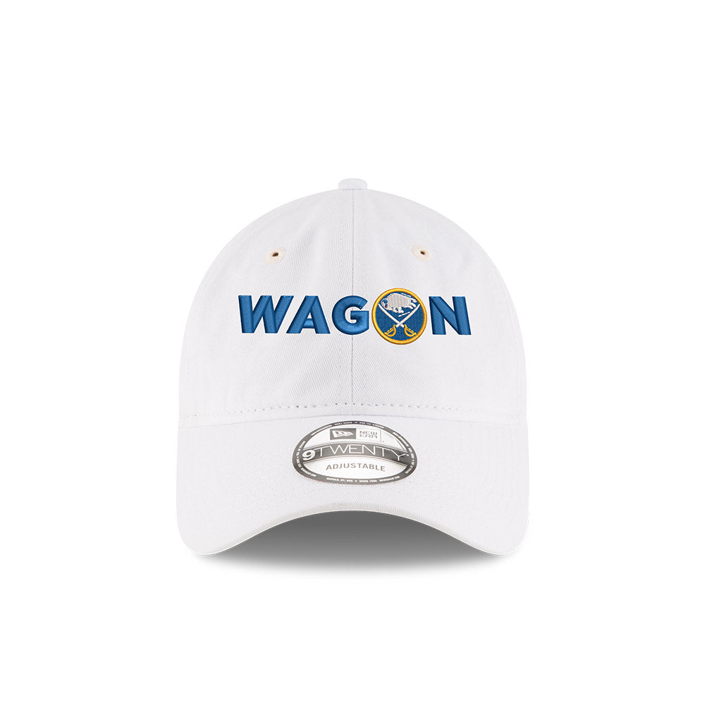 White cap with 'WAGON' text in royal bule and Buffalo Sabres logo
