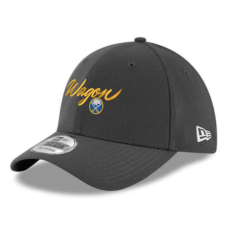 Charcoal cap with Wagon yellow text in script with Buffalo Sabres and logo 