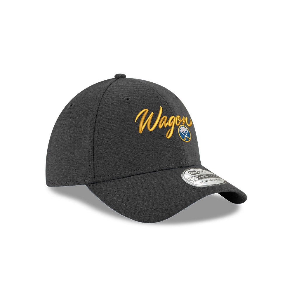 Charcoal cap with Wagon yellow text in script with Buffalo Sabres and logo 